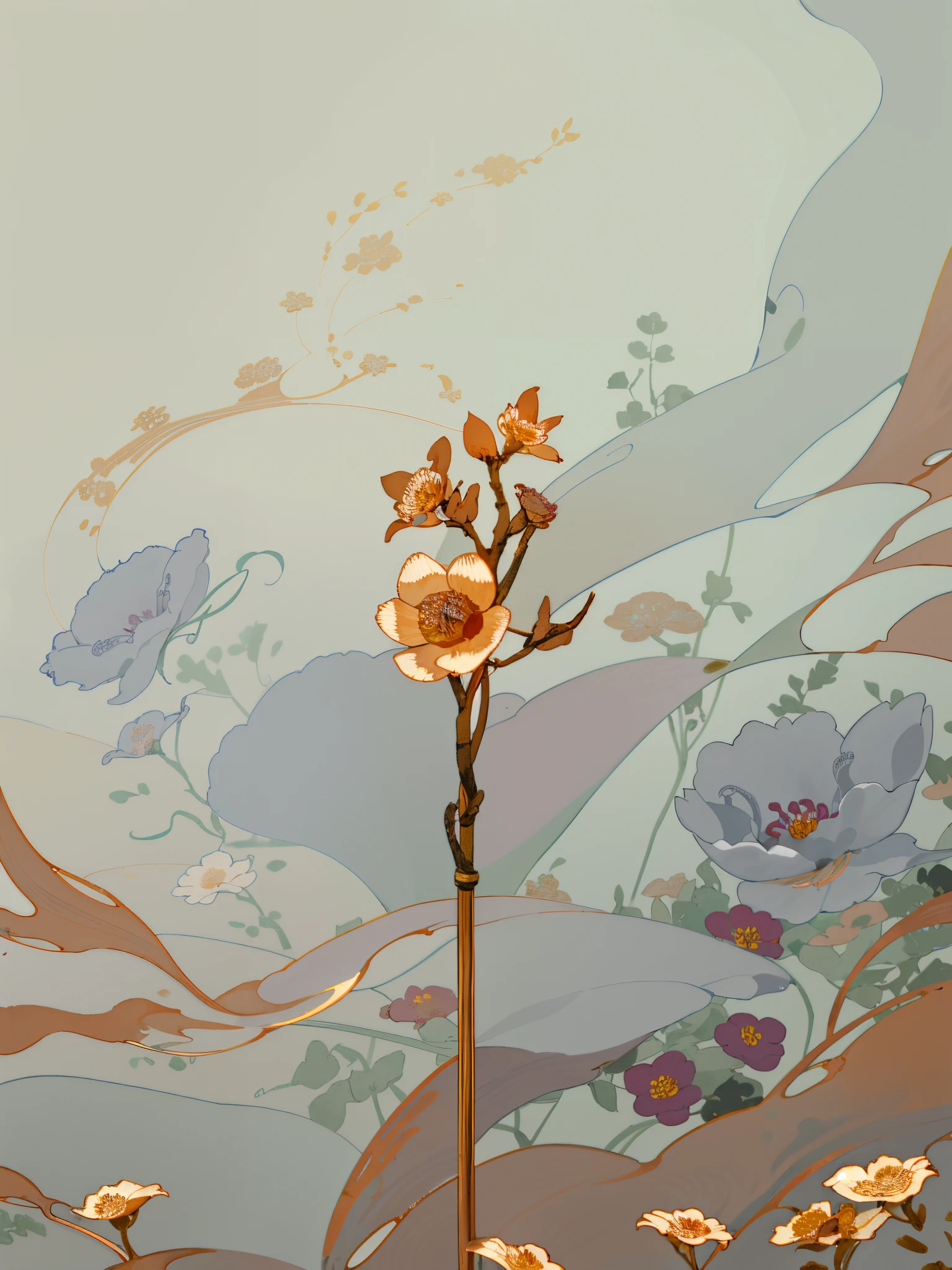 Someone is holding a small flower，There is a stem inside, Ivory and copper, Nature dot roses&#39;, dried flower, miniature product photo, depicting a flower, inspired by Katsushika Ōi, Central Plains Universe, Delicate and precise brushwork, metal orchid flower, gold flowers, flowers and stems, jinyiwei, gold flowers
