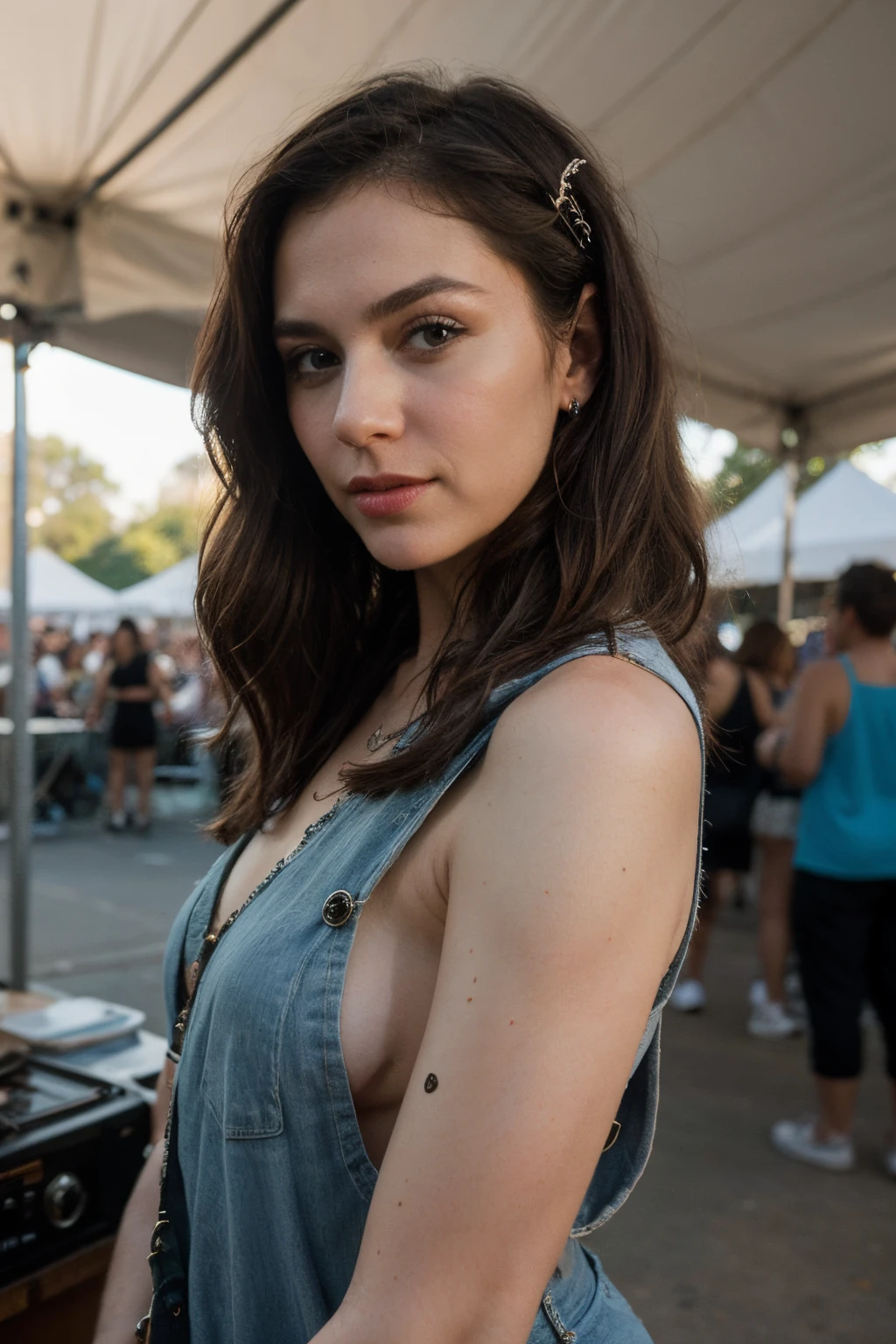 ((best quality)), ((masterpiece)), (detailed), perfect face, Create a classic painting of a legendary rocker female with a lasting legacy. Her iconic style and unforgettable songs have influenced generations of fans. Use a hall of fame or a bustling music festival as the backdrop