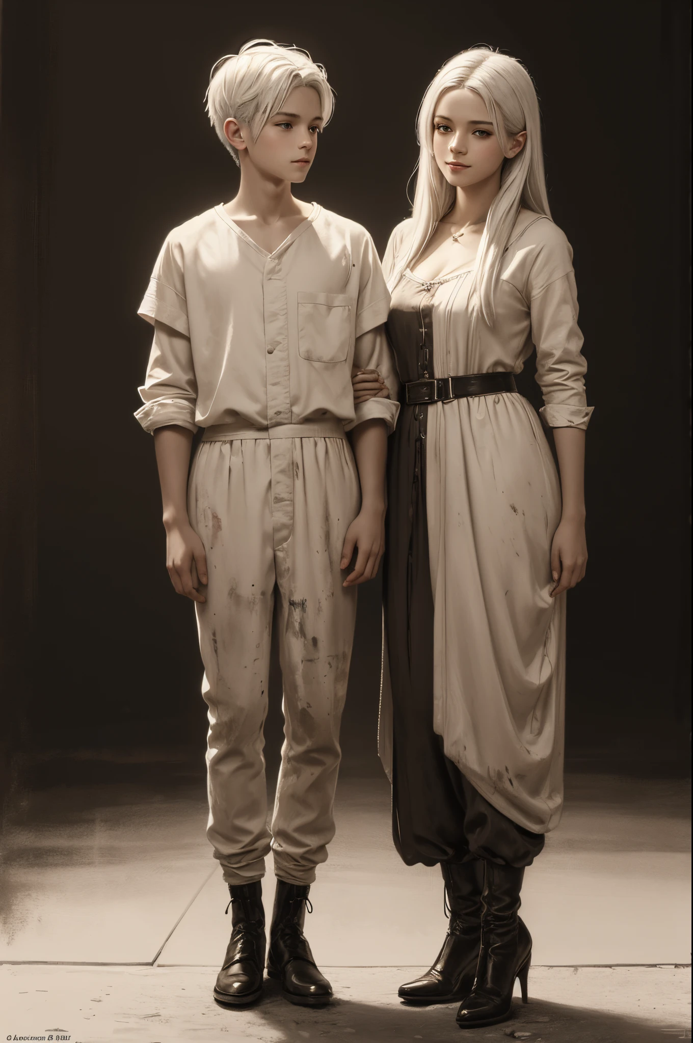 sepia monochrome, soft impressionists brushstrokes, girl and boy,full body, white hair, small smile, intimate, fickle face, perfect anatomy, hyper 8K detailed painting, 8k resolution concept art