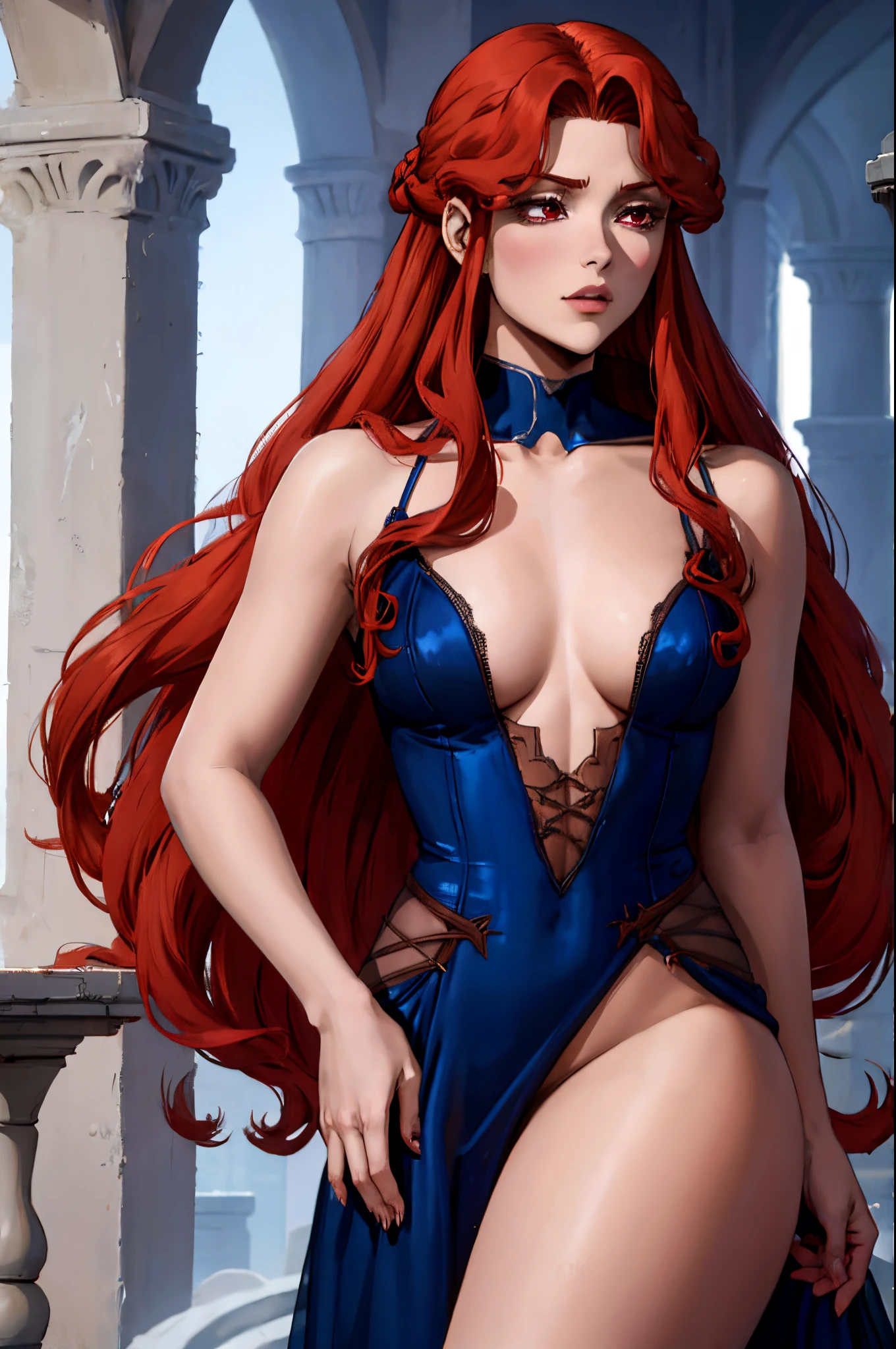 Lenore from castlevania, vampire hair, blue dress, red hair, stockings, Full length, Red eyes, sexy, hentai, porn, small tits