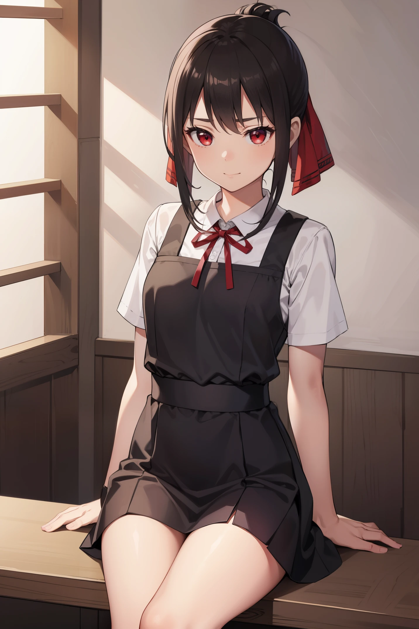 kaguyashinomiya, kaguya shinomiya, folded ponytail, forehead, hair ribbon, (red eyes), red ribbon, ribbon, short hair, sidelocks,
BREAK black dress, dress, pinafore dress, school uniform, shirt, short sleeves, shuuchiin academy school uniform, white shirt,sitting,cowboy shot,
BREAK evil smile,looking down,
BREAK indoors, classroom,
BREAK (masterpiece:1.2), best quality, high resolution, unity 8k wallpaper, (illustration:0.8), (beautiful detailed eyes), extremely detailed face, perfect lighting, extremely detailed CG, (perfect hands, perfect anatomy),