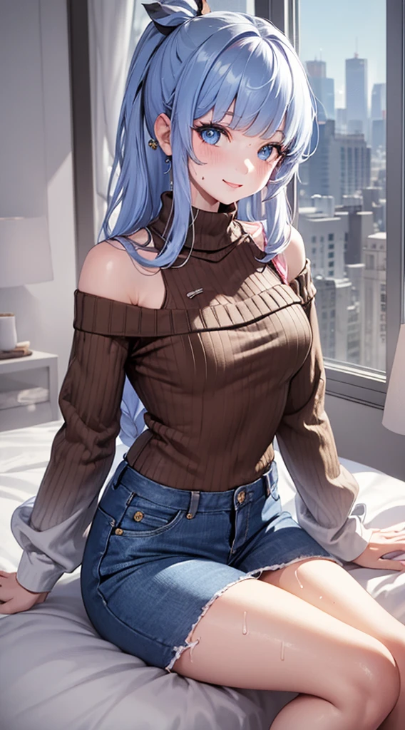 Character Details:, - Gender: 1 Girl. - Style: Anime, - Body Type: Attractive body, slim body, nice legs, slim tights, nice arms, nice shoulders. - Breast: (Small Breast:1.1), (Cleavage), (Nipple). - Facial Feature: Beautiful, Gorgeous, Teenager, Fresh, Young. - Expression: Shy, Smile, Pink Blush on Face, Sexy Eyes, Sexy Look, (Sweating:1.4), Innocent Look, Tipsy. - Hairstyle: Blunt Bangs, Long Hair. - Hair Color: (Light Blue Hair:1.5), (Messy long Hair:1.3), - Clothing: (Brown Sweater:1.6), (Off-Shoulder:1.3),. - Body Pose: (Sitting:1.1). - Behaviour: Waiting, Want Something, Secretly. - Accessories: Earrings., Environmental Details:, - Setting: Bed Room., - Lighting: Natural Light., - Decoration: Modern Bed, Chair, Window, White Curtain, City View. Top view. pov, anime style, UHD, retina, masterpiece, accurate, anatomically correct, textured skin