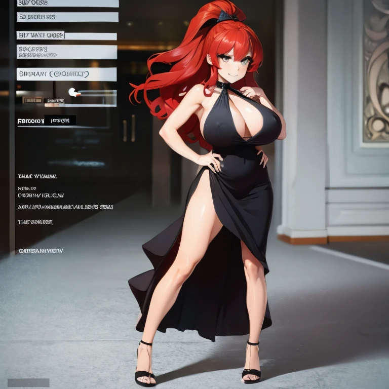 long wavy hair, vibrant fiery red hair, skinny, flirtatious curves,  gigantic breasts, 2 breasts, anime girl, no bra, erect nipples poking through dress, standing, hand on hip, blowing a kiss to viewer, black high heels,  black dress with an intricate blue pattern, high neckline, form-fitting, ankle length, slit up to the knee