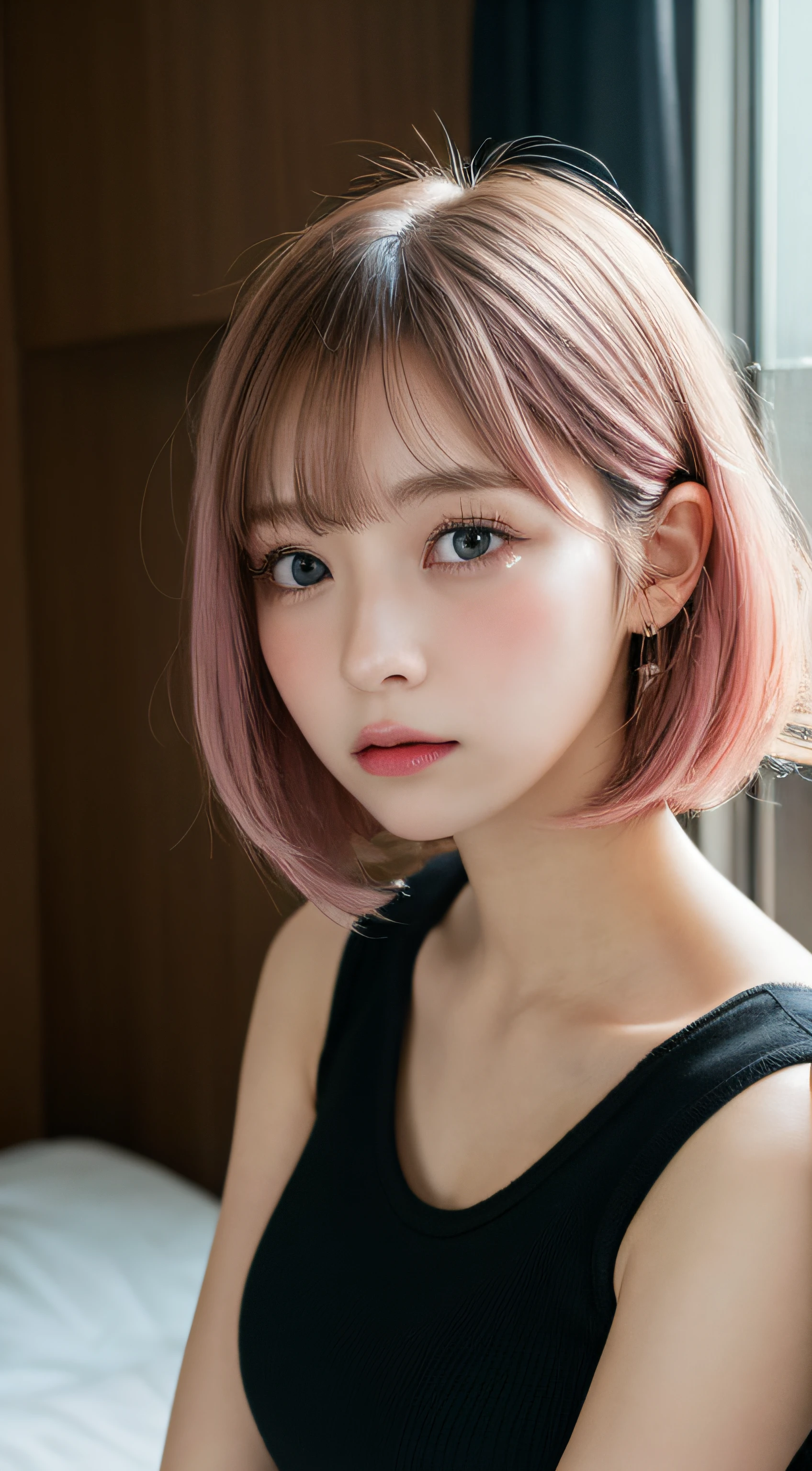 muste piece, best quality, illustration, Super detailed, fine details, High resolution, 8K,wall paper, perfect dynamic composition, beautiful detailed eyes, White camisole,short bob hair、pink hair color,Big Natural Color Lip, bold sexy pose,crying a little、cold gaze,Harajuku style、20 year old girl、cute type、ta、good eyes、Sleeping on the bed