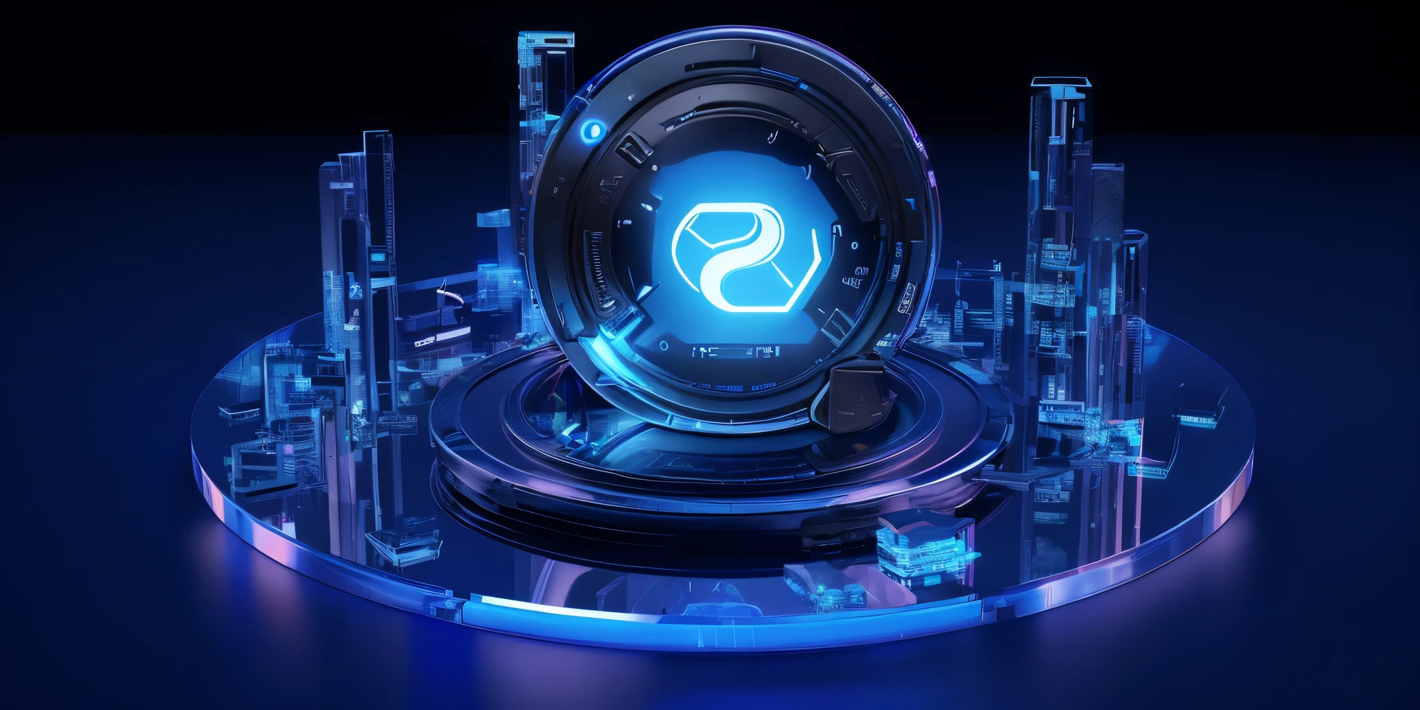 a blue panel style,Suspended state,Border is dark blue,Transparent front,and displays a headset icon,The icon is dark blue,Glass texture,A sense of future technology,3Drenderingof,hyper HD,super-fine,Internet company style