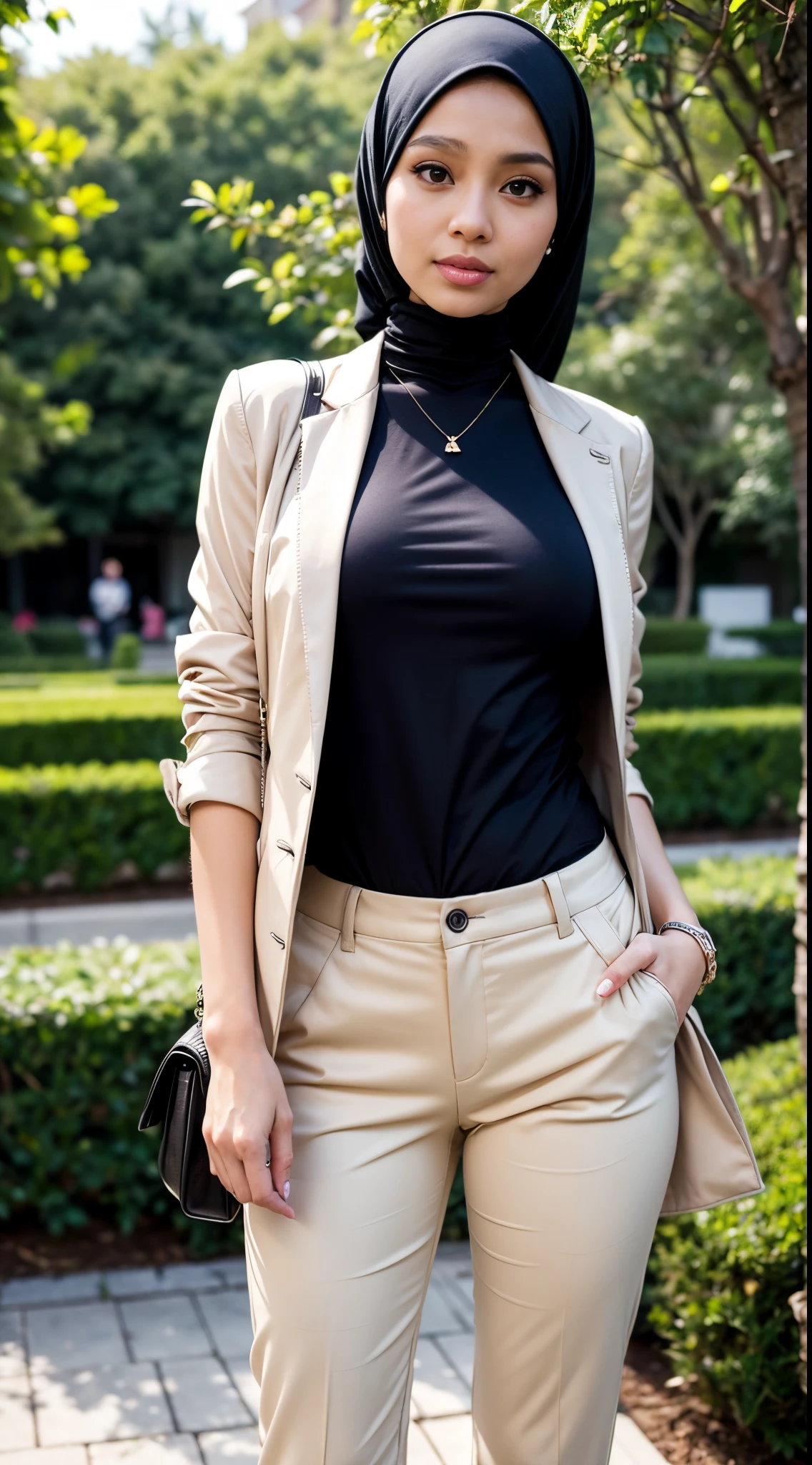 RAW, Best quality, high resolution, masterpiece: 1.3), beautiful Malay woman in hijab,Masterpiece, perfect fit body, Huge breast, big gorgeous eyes, open mount,Soft smile,woman in a black top and tan pants standing in a park, casual modern clothing, casual clothing style, wearing elegant casual clothes, modern casual clothing, casual pose,, with lovely look, smart casual, wearing casual clothing, casual business outfit, wearing casual clothes, modern fashion outfit,beauty girl, cropped shirt with jacket , Delicate turtleneck, long necklace, shairband, afternoon walk, garden plant, Excellent lighting, Bright colors, Clean lines