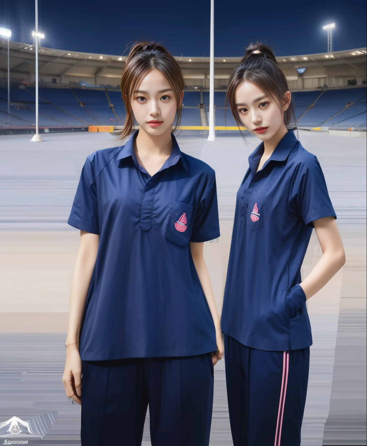 (bestquality,10,10,highres,masterpiece:1.2),ultra-detail,(Realistic,photorealistic portrait,photo-realistic:1.37),1 Cute girl in the football field,oily shiny skin,bara,light smile,BDclothelue shirt:1.3)),short sleeves,shirt, trousers.,(navy_long_Pants Track:1.1), ((Stadium Background:1.3)),dynamic angle,excited,face focus,Dynamic Poses,from behide,Ass Focus,masterpiece, bestquality, ultra realistic, hyper-detail, 8k resolution, RAW photo, crisp focus, ((Navy blue shirt:1.1)), short sleeves, Long Path, Perfect body, 2 mature women, 18yo, cinematic light,Blue sweatpants,Gymware,Correct anatomy,Complete body, Correct body, sharp face, Anatomically correct body, full entire body, Realistic gestures, long-haired, Realistic poses,Wear long shorts...........................,Long leg span,Shapely,Sculpting Girl, Slender Figure, mannequin mannequins, Shapely, Beautiful body,Blue sweatpants, Two girls kissing