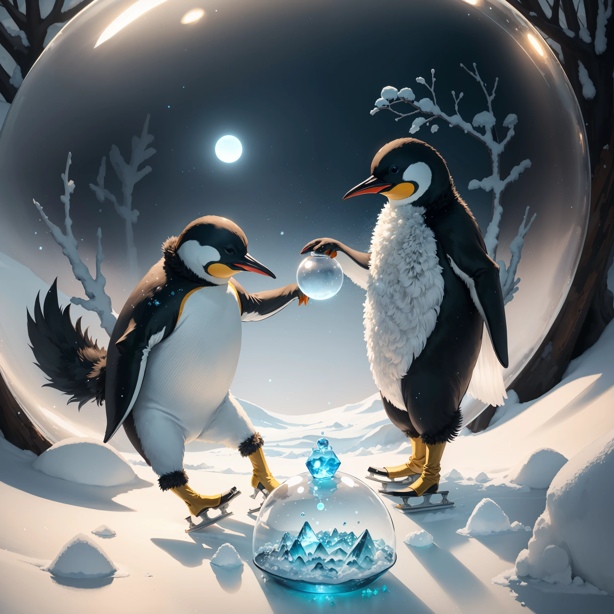 no human, joyful dancing, penguin parent and penguin , ice skating, shimmering ice surface, Ice crystals, glowing fruits growing on trees, inside a snow globe,
