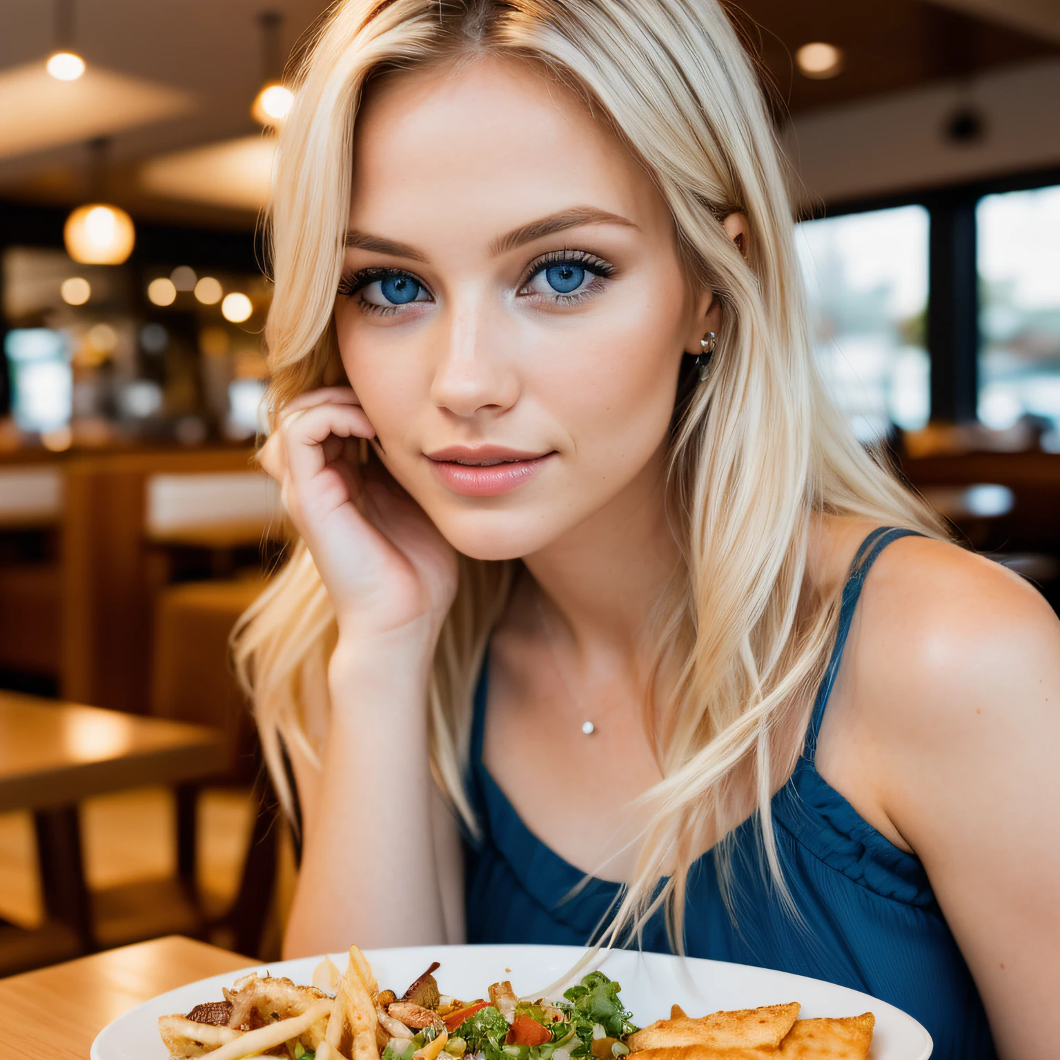 photo of a 24-year-old blonde (blue-eyed woman), inside a restaurant eating with food, wavey hair, large breasts, (dress), (neckline), details (textures! , hair! , color!! , disadvantages: 1.1), glossy eyes with high detail (looking at the camera), SLR lighting, SLR camera, ultra-quality, sharpness, minimal depth of field, film grain (center), Fujifilm XT3, crystal clear, frame center, beautiful face, sharp focus, detailed skin pores, complex eye details, full body