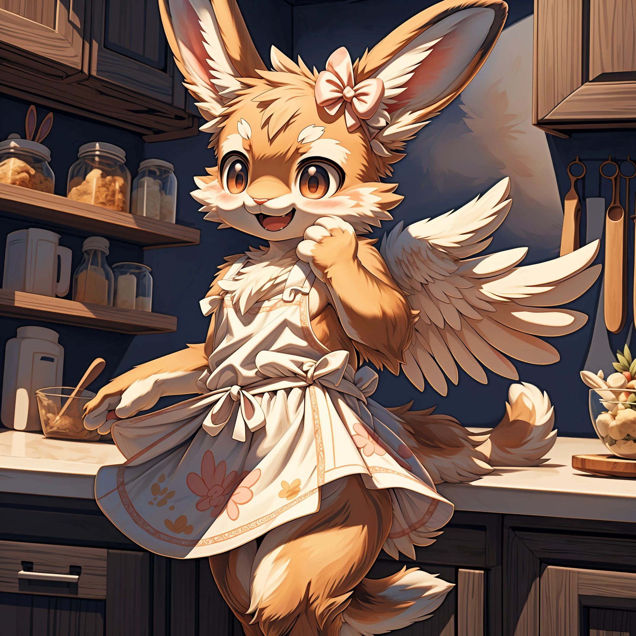 cover page, highres, top quality, best quality, paid reward available, unparalleled masterpiece, perfect artwork, absurdres, High-quality illustrations, super high resolution, detailed background,Perfect Anatomy((furry, angelic cute 1girl))(((furry, kemono)))(furry anthro:1.7)((rabbit Facial Features, rabbit Body Features))((rabbit ears, Highly Detailed Body Fur))chibi, summer, kitchen, frilled apron,upper body, dancing, joyful smile,