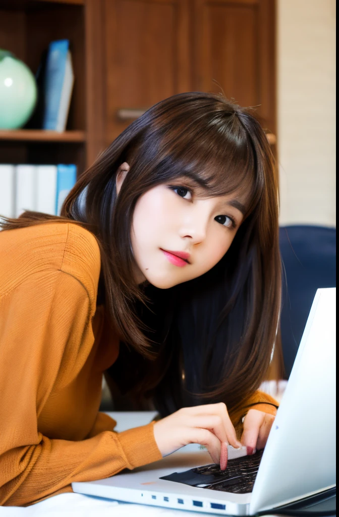 Mannequin(femele 31 years old Pretty fair skin Wearing long sleeves Brown hair Short straight hair Bangs Patsun) 1sleeping next to the computer on the table