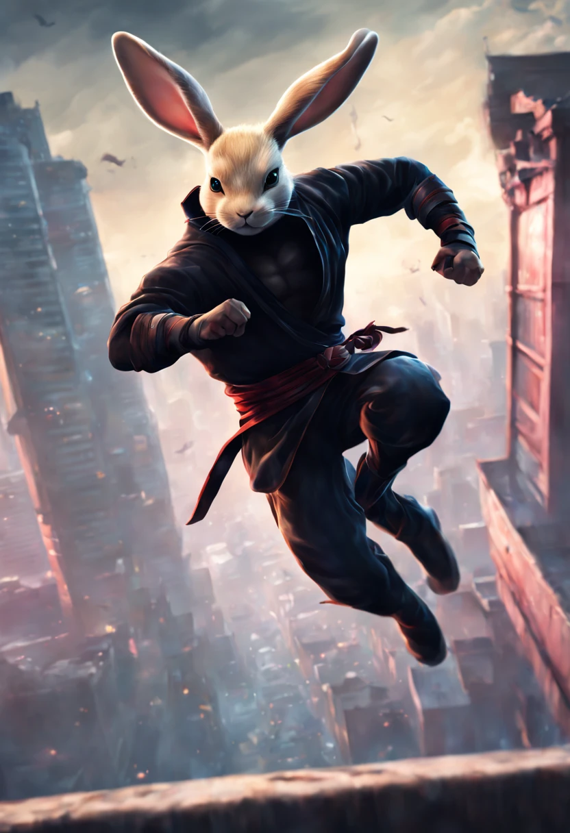 a ninja ,(a buff,muscular,athletic,strong) male,half (human) and half (rabbit),with (mousy blond) hair,in a (fighting) style,[intense expression, fierce gaze],[powerful kicks, precise punches, agile movements],[flexing muscles],[wearing a sleek black outfit],[dynamic pose, poised for action],[flying through the air],[leaping off a rooftop],[background of a dystopian city],[streaks of neon lights],[shadows and smoke for dramatic effect],[intense, high contrast lighting],[dramatic artwork, realistic details],[best quality,4k,8k,highres,masterpiece:1.2],ultra-detailed,(realistic,photorealistic,photo-realistic:1.37),action-packed scene.