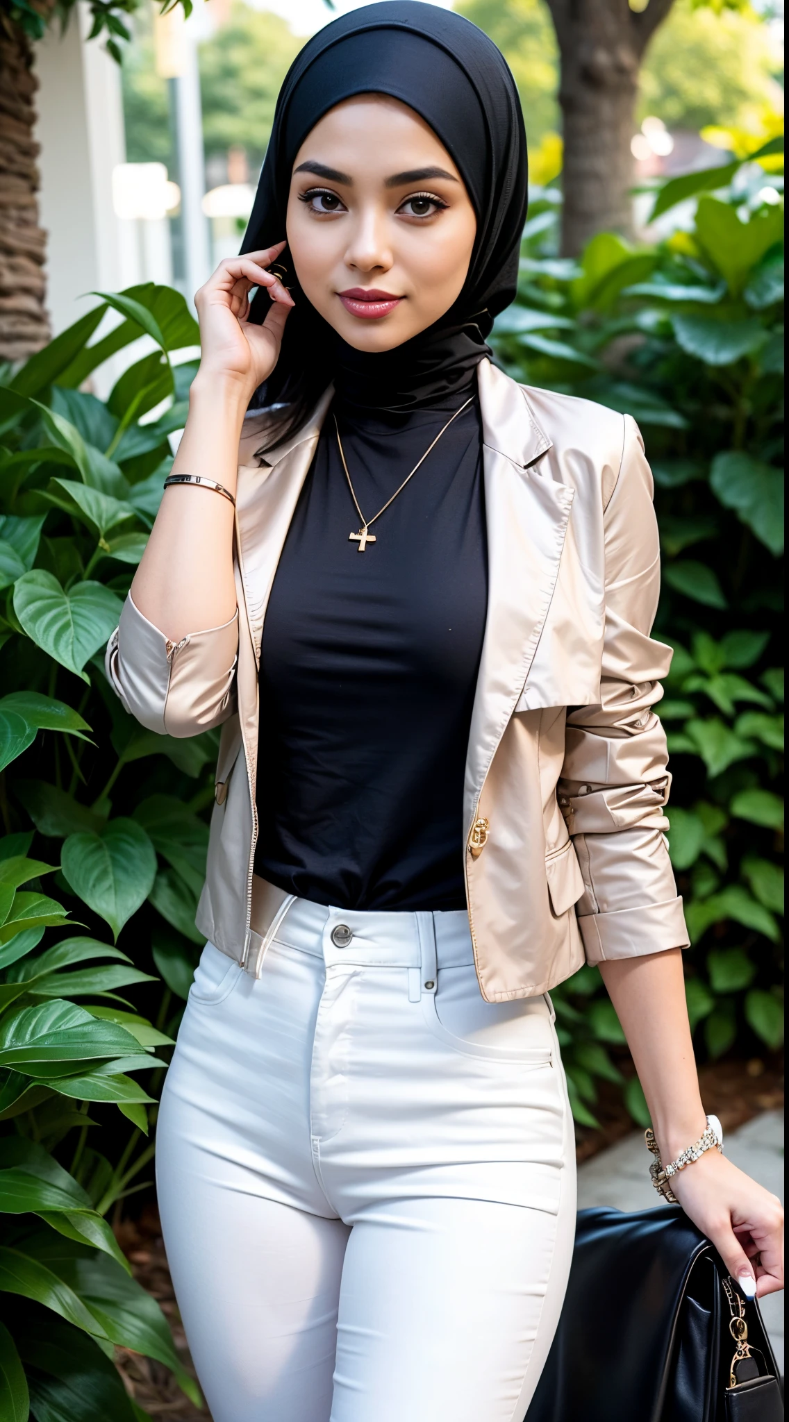 RAW, Best quality, high resolution, masterpiece: 1.3), beautiful Malay woman in hijab,Masterpiece, perfect fit body, Huge breast, big gorgeous eyes, open mount,Soft smile,woman in a black top and tan pants standing in a park, casual modern clothing, casual clothing style, wearing elegant casual clothes, modern casual clothing, casual pose,, with lovely look, smart casual, wearing casual clothing, casual business outfit, wearing casual clothes, modern fashion outfit,beauty girl, cropped shirt with jacket , Delicate turtleneck, long necklace, shairband, afternoon walk, garden plant, Excellent lighting, Bright colors, Clean lines