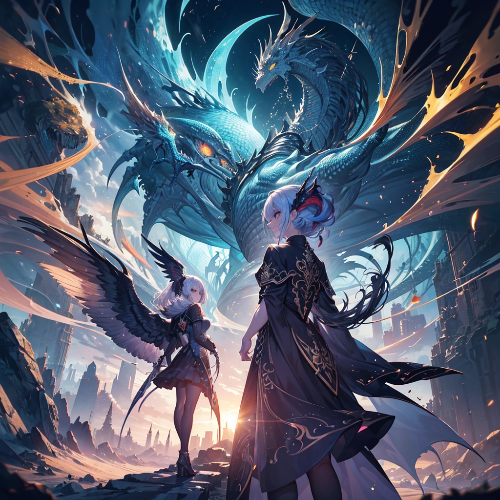 Melhor qualidade, obra-prima, super high res, electric dragon, (comprimento: 1.2), (fino: 1.2), cabelo longo, dentes afiados, olhos roxos, dentes, enorme, bird, ao ar livre, standingn, escalas, nuvens, chifres, from behind, armadura, heaven, boca aberta, confronto, carga, monstro, difference in size, cabelo branco, construction, vale, (textura realista: 1.2), (escalas multicoloridas brilhantes: 1.2), (detalhes realistas: 1.2), hdr, modelagem 3D ultra-detalhada como Tim Burton, Dale Chihuli, Xiaolongcheng, Cyril Rolando e outros autores, como as pinturas de estilo de Jr. Giger, they are equally magical. Shadows and lighting intertwine to create brilliant effects.