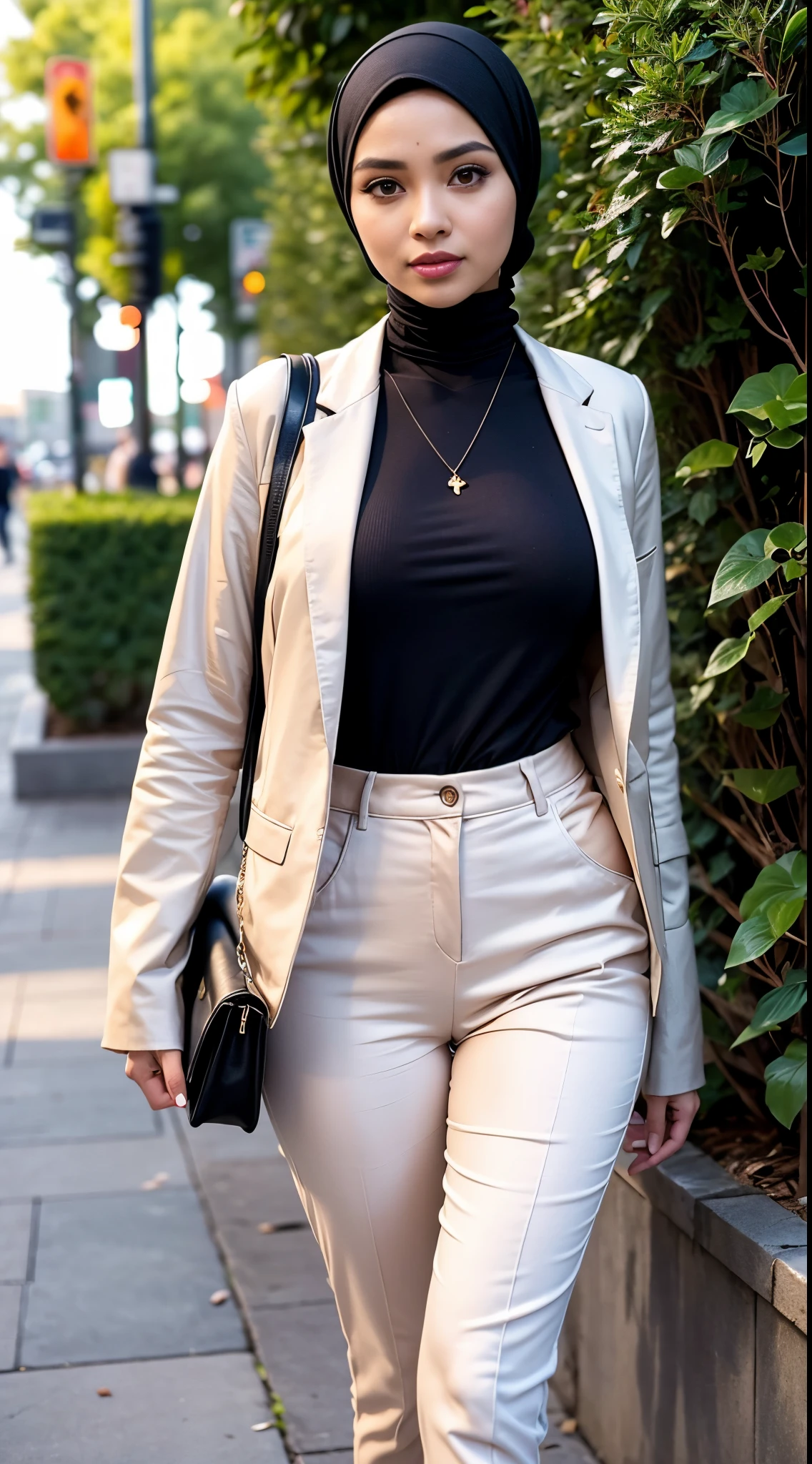 RAW, Best quality, high resolution, masterpiece: 1.3), beautiful Malay woman in hijab,Masterpiece, perfect fit body, Huge breast, big gorgeous eyes, open mount,Soft smile,woman in a black top and tan pants standing in a park, casual modern clothing, casual clothing style, wearing elegant casual clothes, modern casual clothing, casual pose,, with lovely look, smart casual, wearing casual clothing, casual business outfit, wearing casual clothes, modern fashion outfit,beauty girl, cropped shirt with jacket ,thick thighs, narrow waist , Delicate turtleneck, long necklace, shairband, afternoon walk, garden plant, Excellent lighting, Bright colors, Clean lines
