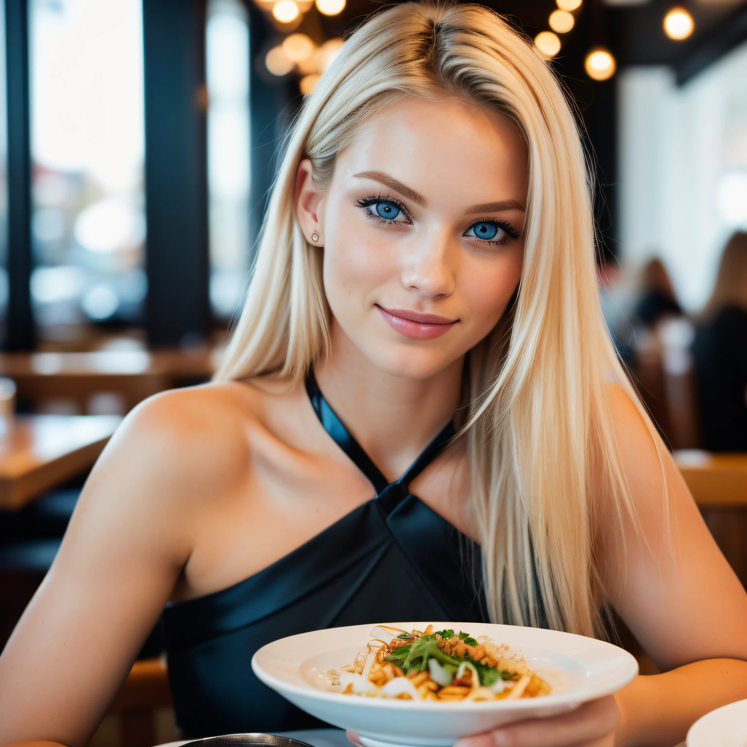 photo of a 24-year-old blonde (blue-eyed woman), inside a restaurant eating with food, wavey hair, large breasts, (black dress), (neckline), details (textures! , hair! , color!! , disadvantages: 1.1), glossy eyes with high detail (looking at the camera), SLR lighting, SLR camera, ultra-quality, sharpness, minimal depth of field, film grain (center), Fujifilm XT3, crystal clear, frame center, beautiful face, sharp focus, detailed skin pores, complex eye details, full body