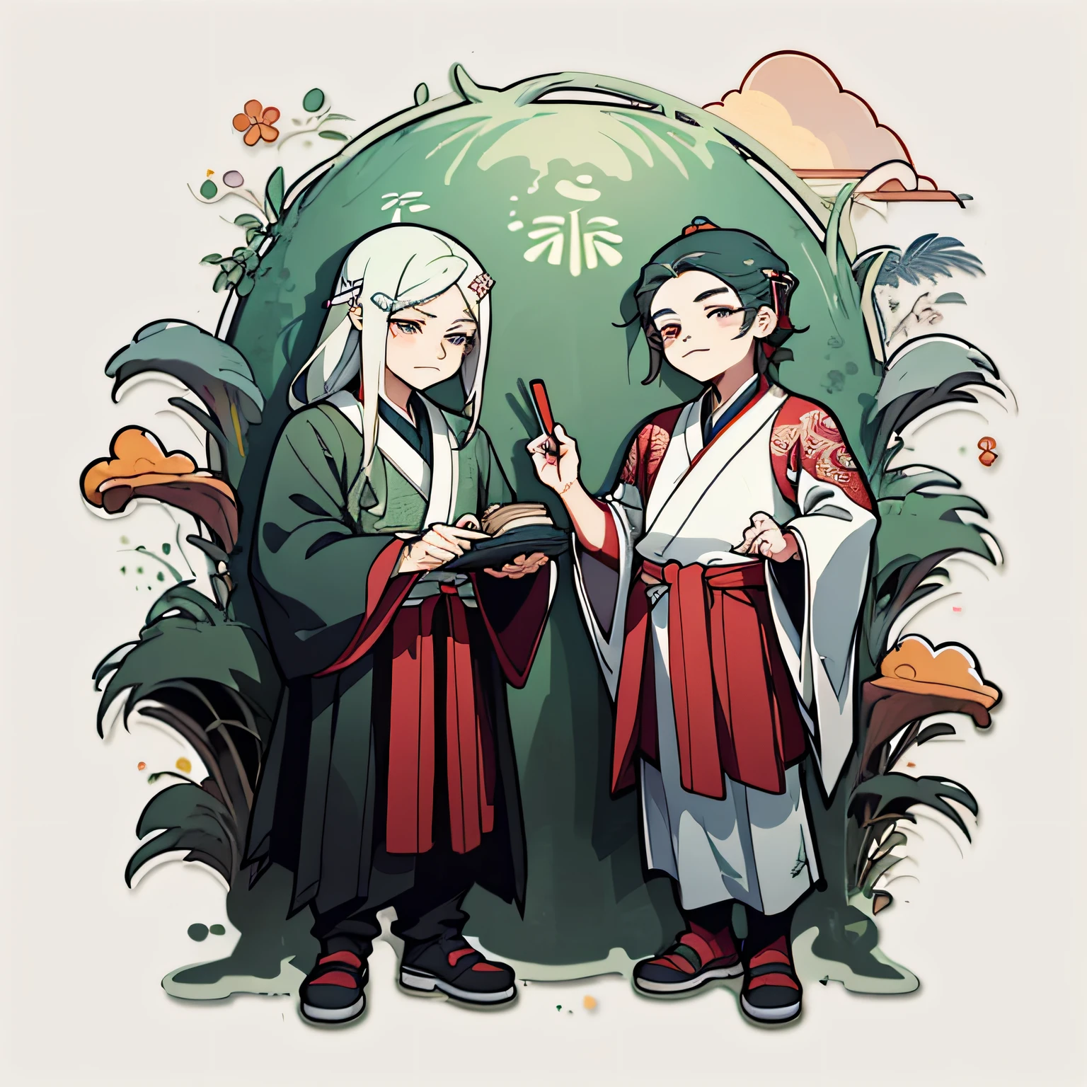 1 Sticker, Handbook, (One sticker, 1 boy, Chinese Ming Dynasty costumes, Gorgeous stand collar top, pleated long skirt, Hanfu, embroidery, hairpin, bamboos, mossy, kiosk), aquarelle, white backgrounid,  Background with, at the lowest limit,  Tiny, pastel colour, Vector style, No rating,
