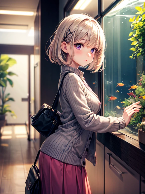 masterpiece, best quality, ultra detailed, high Resolution, detailed illustration, cel anime, (sfw), 1girl, (li), cute face, detailed face, magenta eyes, cute eyes, sparkling eyes, big eyes, medium breasts, perky breasts, pointy breasts, medium hips, glamorous body, Surprised, BREAK, long bob cut, (blonde hair:0.7), messy hair, detailed hair, BREAK, wearing Cardigan, Ribbed knit sweater, long skirt, tiny ribbon, bag, casual style, date, aquarium, standing, looking fish in tank, fish, from side, real world, natural lights, perfect lighting,