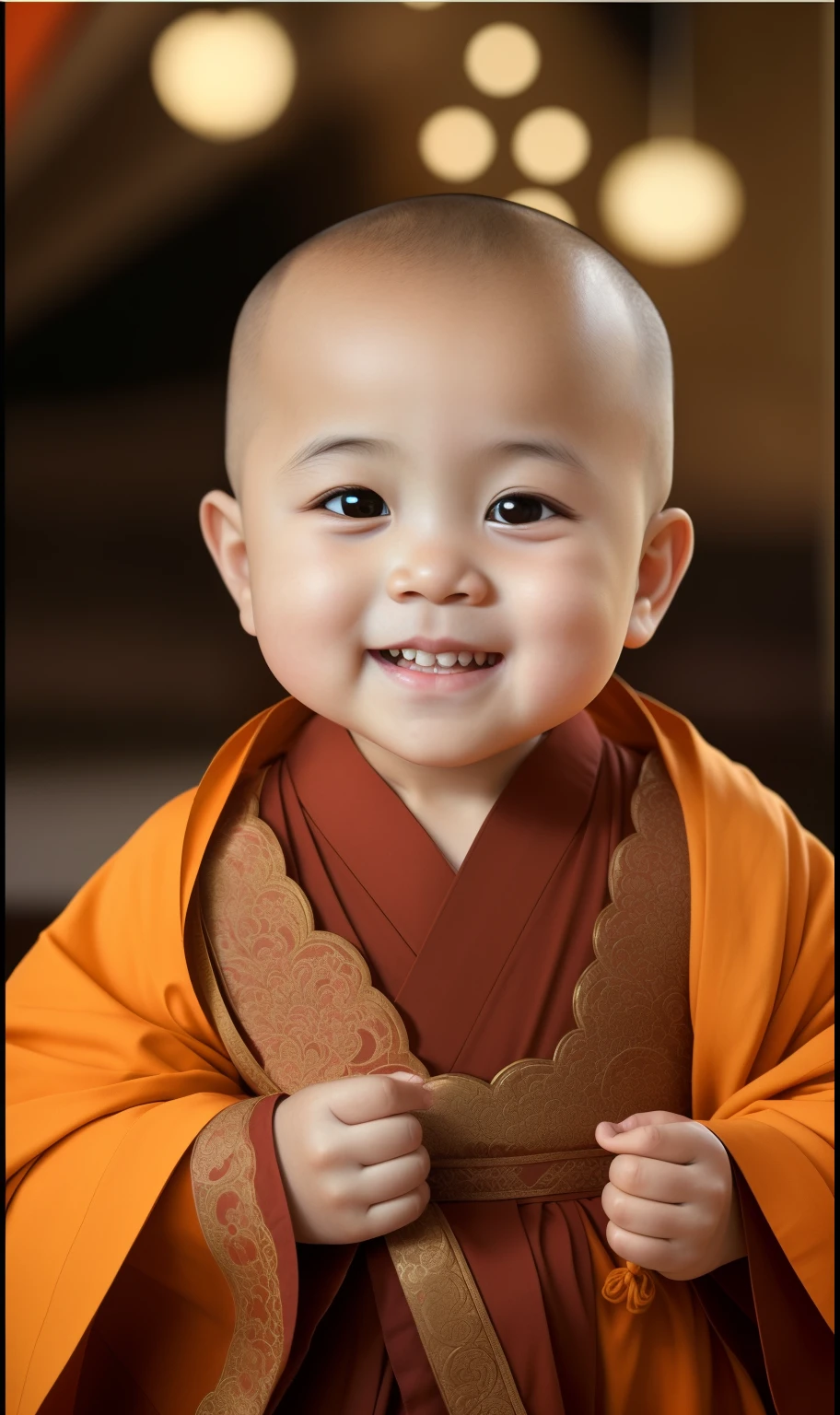 Close-up of smiling baby wearing robe, , Monk's robes, buddhist monk, wearing brown robes, monk, ruan jia beautiful!, portrait shooting, Close-up portrait shoot, , lovely boy, portrait of monk, Young cute asian face, hori, innocent look, 21st century monks, innocent face, Gamine, Close-up portrait shoot