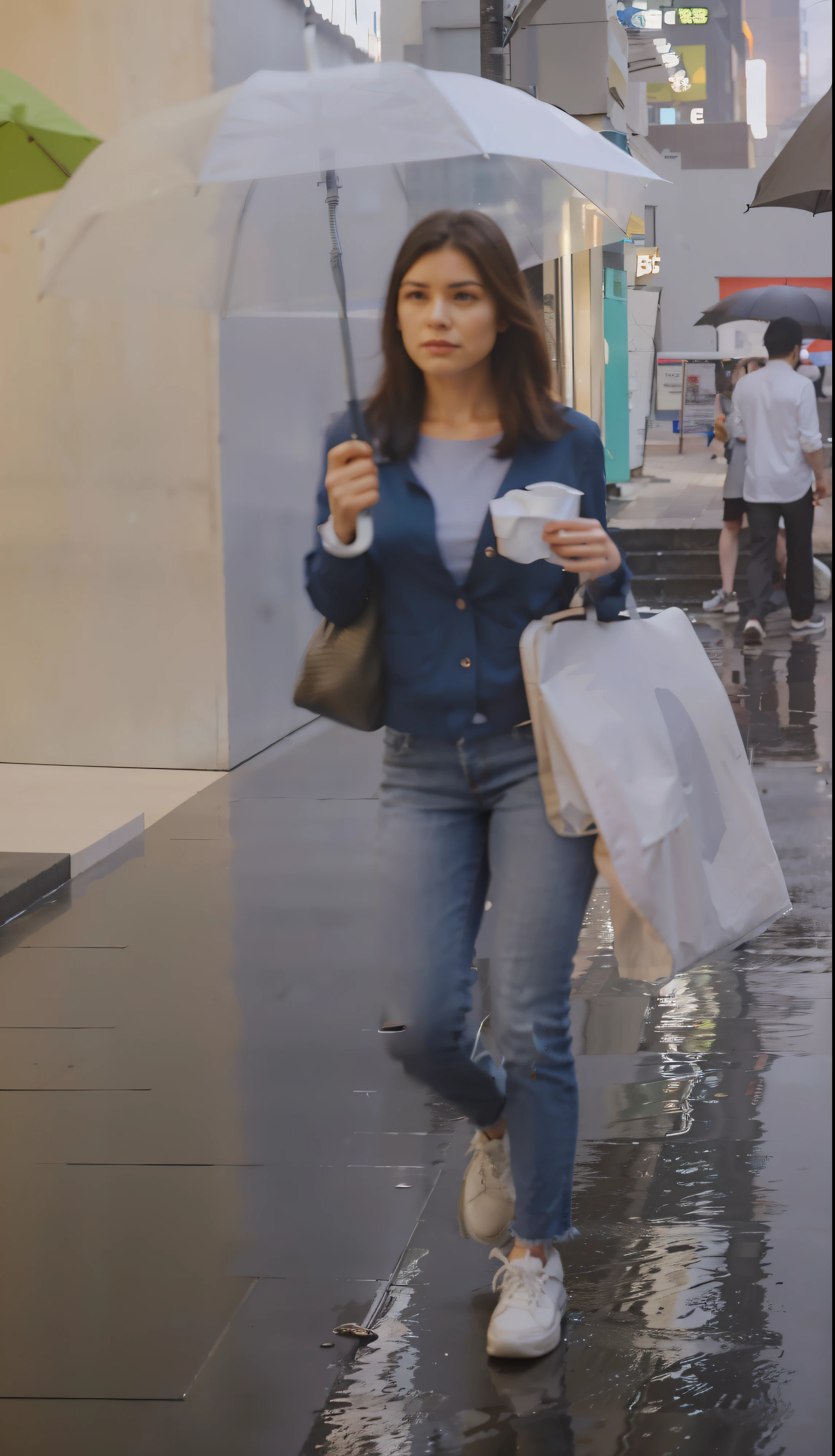 There is a woman walking on the street holding an umbrella, clear photo，k hd