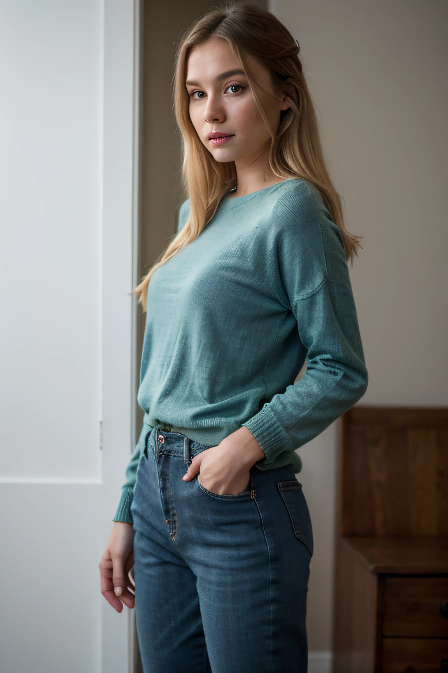 A photo of a beautiful girl with... (long / court) (Blonde / brune / redhead) cheveux et (bleu / vert / Marron) yeux. Elle porte un (casual / formel / sportif) tenue et a un (content / triste / grave depression on the face