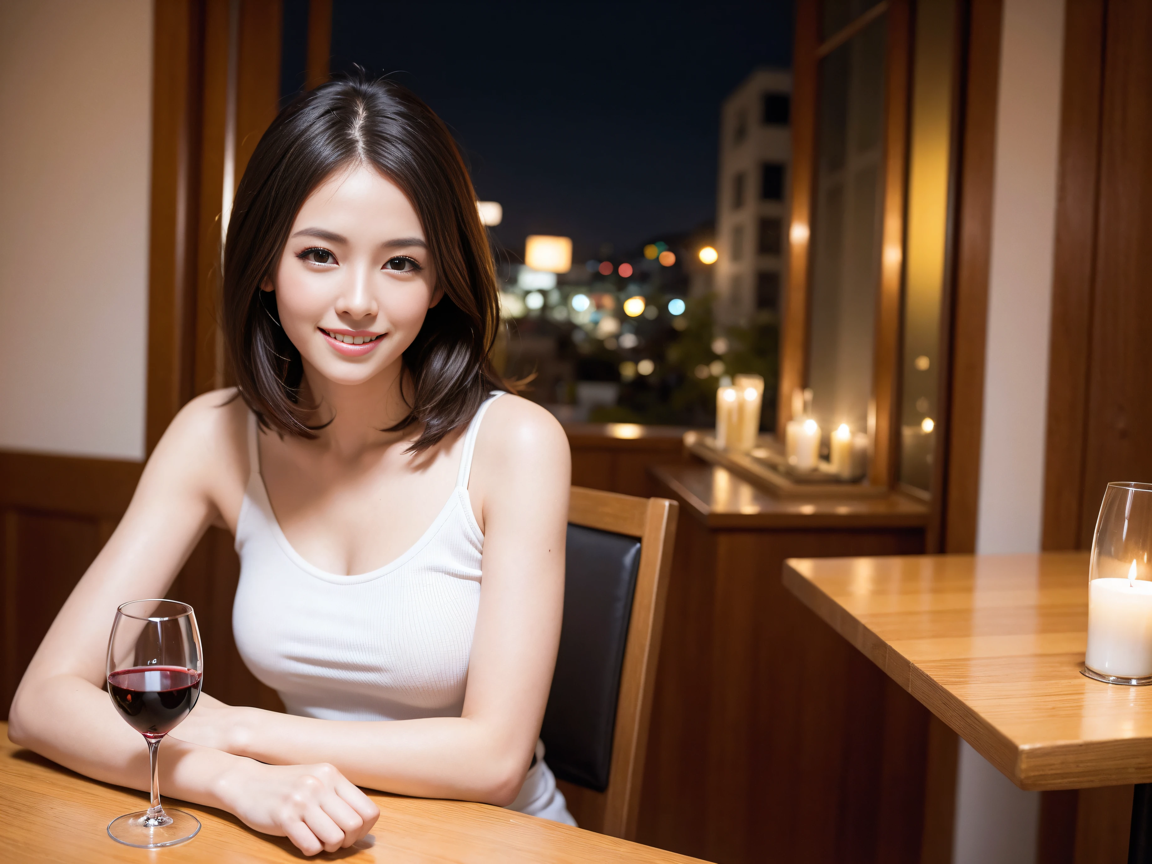 (64k uhd, nffsw, of the highest quality, masutepiece: 1.2), (Realistic, Photorealistic: 1.37), 1 pretty woman, (Slim Face), (Slim body), (Brown hair), (short-cut), cheeks blush a little, (35 years old), 38 years, Solo, A beautiful and detailed night view spreads out outside the window.., restaurant, Sitting in a wine glass, At night, In a prominent place (from waist up) NovaFrogStyle, actress, Model, waist-up, white wine, slim, wine glasses, Super clean night view, Wine glass placed in the middle, Happy smile, (Smile: 1.15), Beautiful fine eyes, Upper body, Bust Japan Up, Night, Short, Short, actress, Model, waist-up, white wine, slim, wine glasses, Super clean night view, Wine glass placed in the middle, Happy smile,