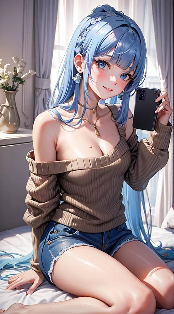 Character Details:, - Gender: 1 Girl. - Style: Anime, - Body Type: Attractive body, slim body, nice legs, slim tights, nice arms, nice shoulders. - Breast: (Small Breast:1.1), (Cleavage), (Nipple). - Facial Feature: Beautiful, Gorgeous, Teenager, Fresh, Young. - Expression: Shy, Smile, Pink Blush on Face, Sexy Eyes, Sexy Look, (Sweating:1.4), Innocent Look, Tipsy. - Hairstyle: Blunt Bangs, Long Hair. - Hair Color: (Light Blue Hair:1.5), (Messy long Hair:1.3), - Clothing: (Brown Sweater:1.6), (Off-Shoulder:1.5),. - Body Pose: (Sitting:1.1). - Behaviour: Waiting, Want Something, Secretly. - Accessories: Earrings., Environmental Details:, - Setting: Bed Room., - Lighting: Natural Light., - Decoration: Modern Bed, Chair, Window, White Curtain, City View. Top view. pov, anime style, UHD, retina, masterpiece, accurate, anatomically correct, textured skin