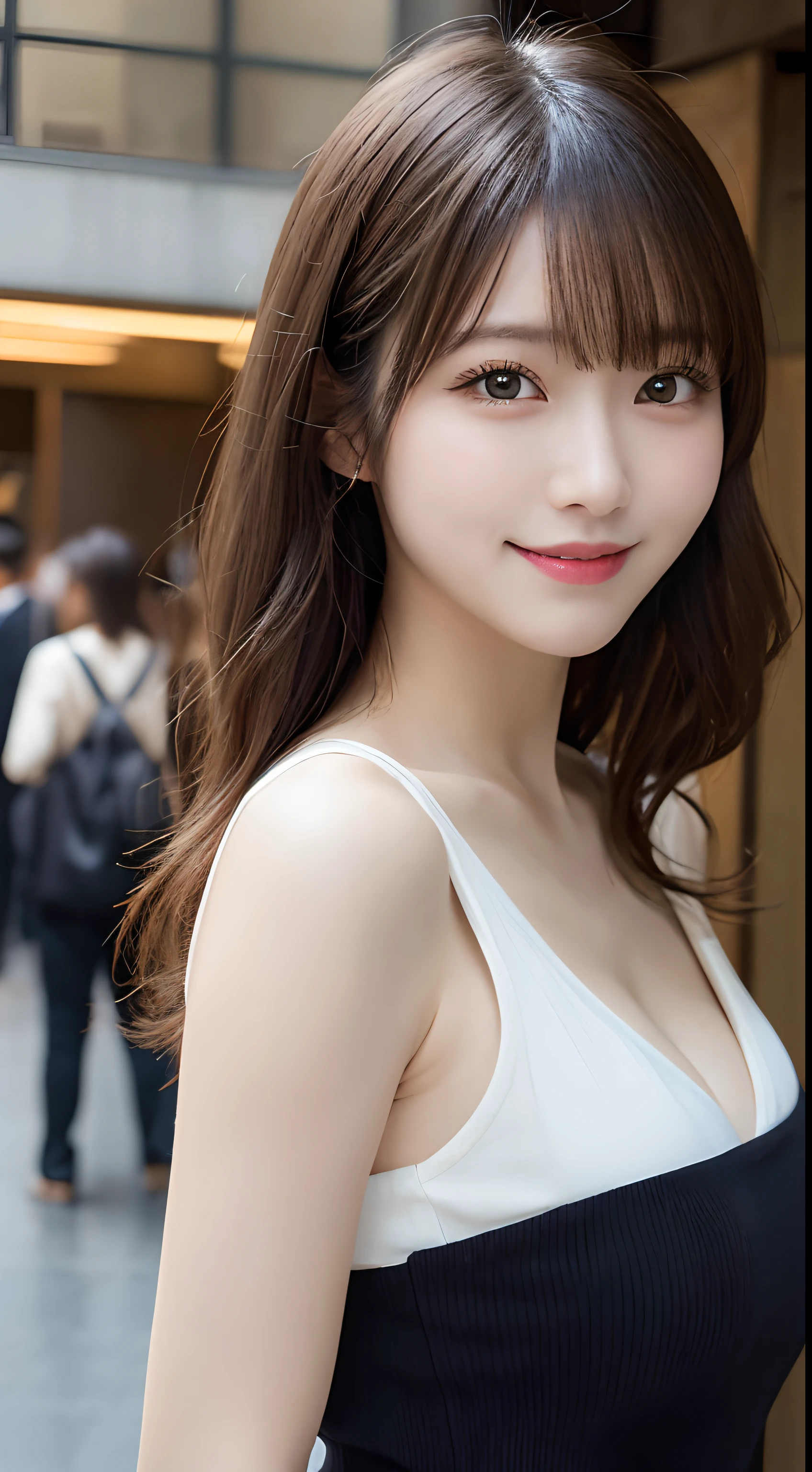 masutepiece, Best Quality, Illustration, Ultra-detailed, finely detail, hight resolution, 8K Wallpaper, Perfect dynamic composition, Beautiful detailed eyes, doress,Medium Hair, Small breasts, Natural Color Lip, Random and sexy poses,Smile,Tokyo Station、20 years girl