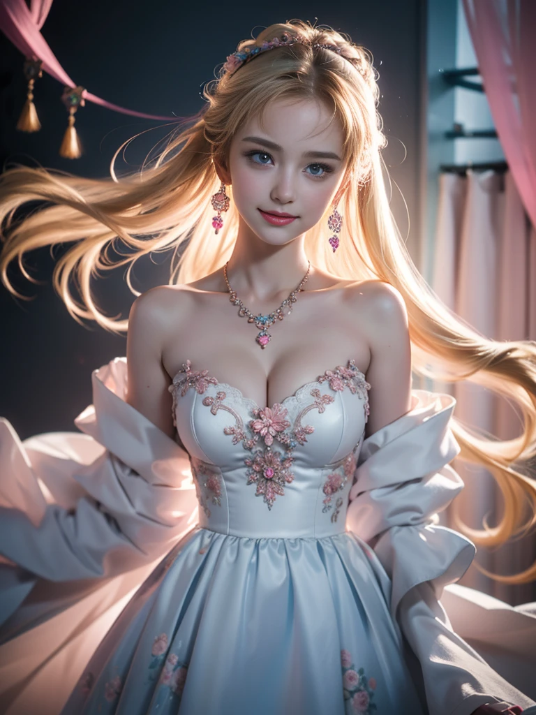 tmasterpiece，Highest image quality，super detailing，Best quality at best ,Extremely Delicately Beautiful, Very meticulous,Best quality at best, offcial art, extremely detaild的 CG unified 8k wallpapers, Ana de Armas portrait photo, blond hair blue eyes，Radiant skin and radiant eyes:1.1), pretty skin, lamplight, (Detailed lighting:1.2), (Beautiful and detailed light:1.3), face to the viewer，beautiful wedding dress, deep understanding, The beautiful, iintricate, digitial painting, smooth private parts, Focus sharp, The end of the world, Epic reality, (HighDynamicRange:1.4), captivating curves，(pastel colour:1.4), Bigchest，apocalyptic, giving up, com cores neutras, natta, Screen space refraction, (Complicated details, ultra - detailed:1.3), art  stations, Cinema lenses, vignet, the complex background, buliding，Enchanted smile，detailed back ground，Dream catcher earrings in various colors，white colors，in pink，purpleish color，red colour，blue colors，orange colors，green color，cyan colors，），No shoulder strap，blossom print,