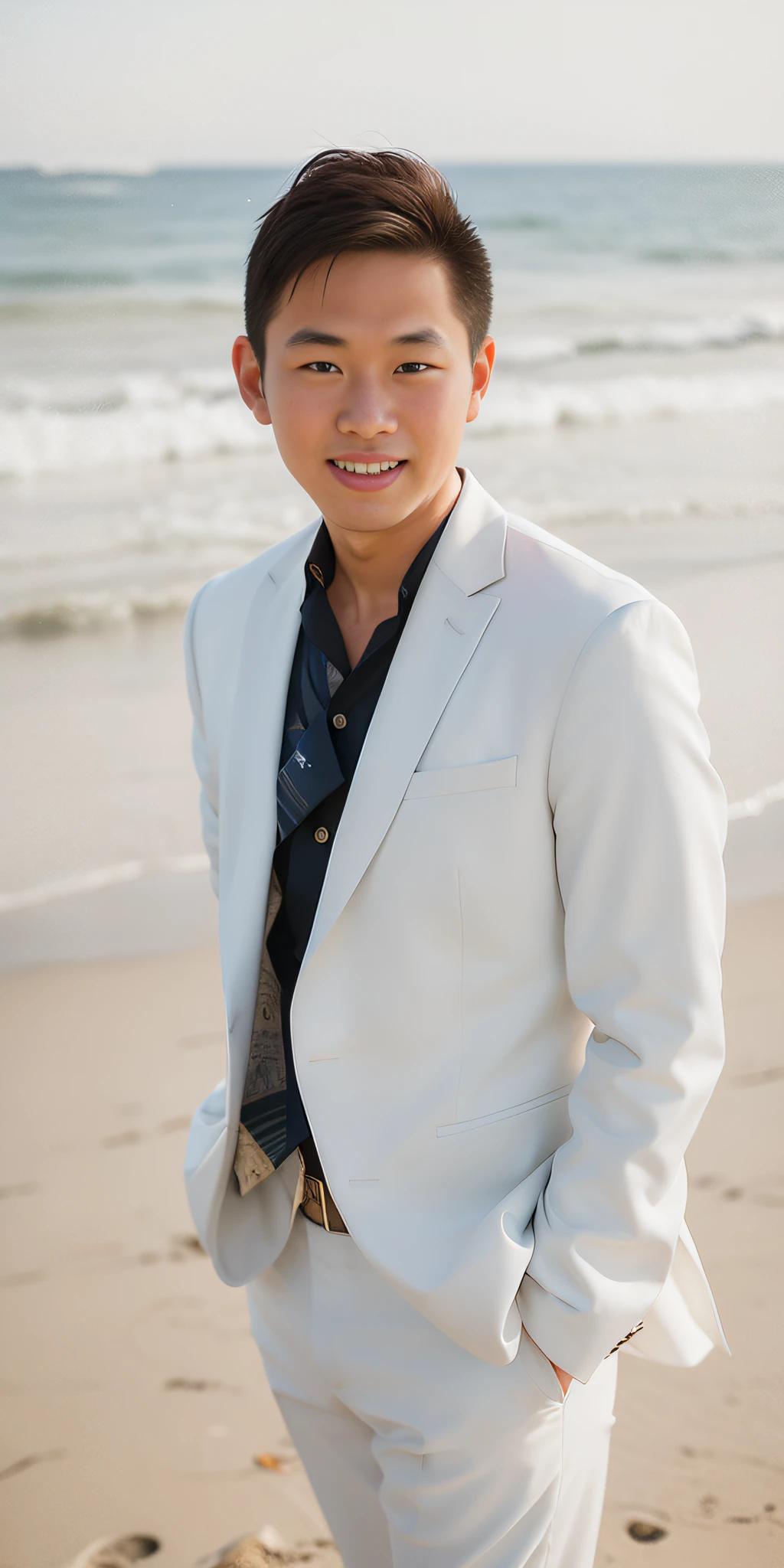 arafed man in a white suit and tie standing on a beach, andrew thomas huang, posing on a beach with the ocean, reuben wu, full body portrait shot, professional portrait photo, detailed professional photo, darren quach, kevin hou, christopher , david luong, jonny wan, professional detailed photo, headshot photo, detailed portrait shot, emmanuel shiu