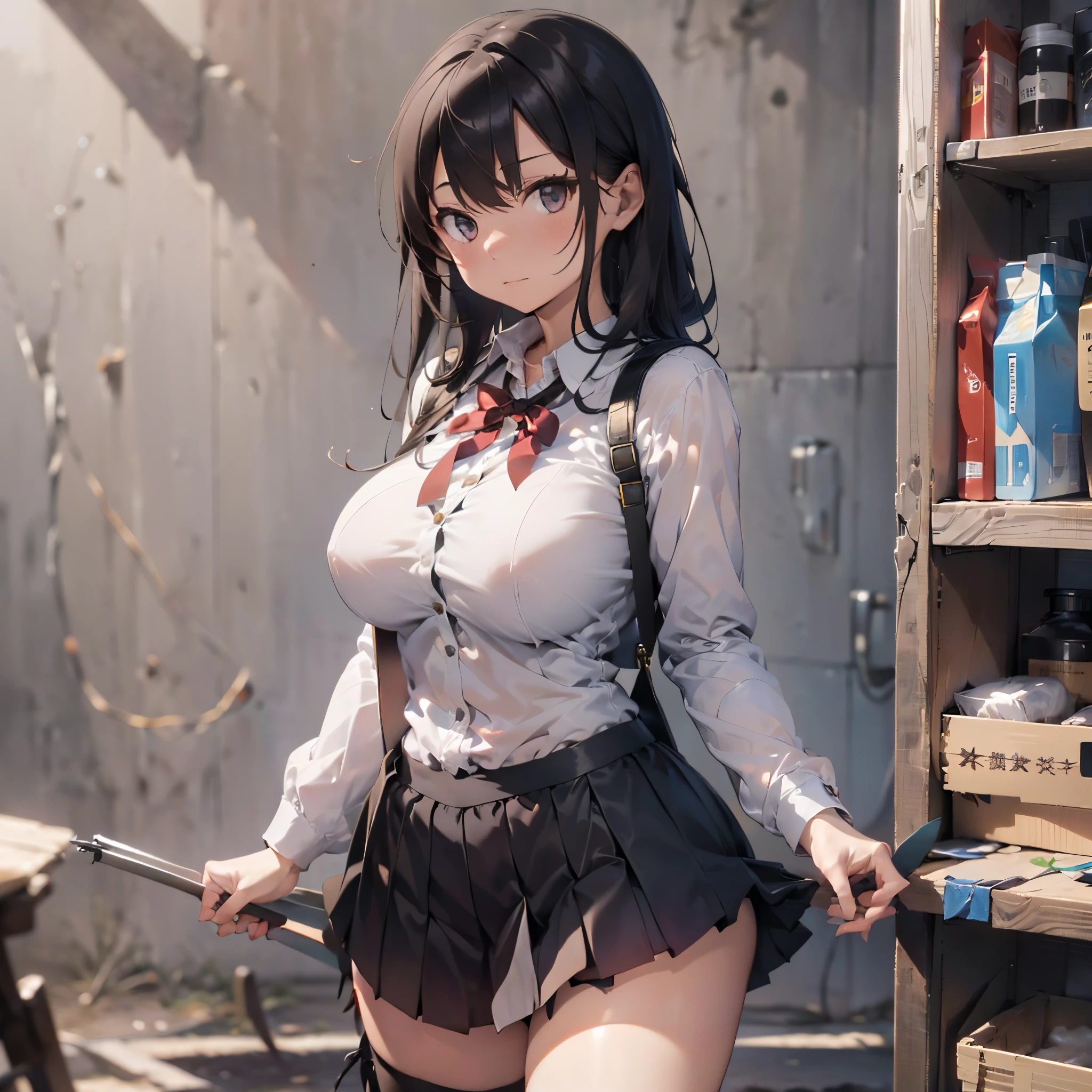 (1 girl standing:1.3), (solo:2.0), (huge perky breasts:2.0), (thin waist:1.3), (thin long legs:1.5), (black thighhighs:1.3), (very short miniskirt:1.8), nose blush, embarrassed, school uniform, cardigan, (liquids flowing down on things:1.5)