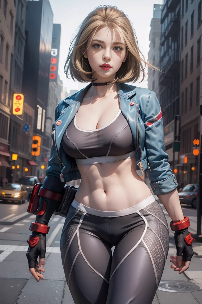 ((Best quality at best, 8K, tmasterpiece: 1.3)), 詳細な目, 二重まぶた, (1个Giant Breast Girl), (Left Face Scar), (28 year old, Sexy Mature), (Vest line, big breasts thin waist, hip button jacket), ((Big blue eyes, Long eyelashes)), ((pouting)), ((Firm nose)), (Realistic details of skin), 详细的脸, The best light, The best shadow, edge lit, Ray traching, Unreal Engine5, (《streetfighter6》Cami White in, Game CG character modeling)), Beautiful shiny hair, (((dark gray firm, collars, Advertising breasts hard), (Leg muscle lines), neonlight, Bustling and lively streets, High-rise buildings in the distance, the night, NVIDIA RTX, Hyper-Resolution, Unreal 5, sub surface scattering, PBR textures, Post-processing,Anisotropy Filtering,depth of fields,maximum definition and sharpness,Many-Layer Textures,Albedo e mapas Speculares,Surface Coloring,Accurate simulation of light-material interactions,proporções perfeitas,octaneratingrendering,Two-tone lighting,largeaperture,Low ISO,White balance,the rule of thirds,8K original,