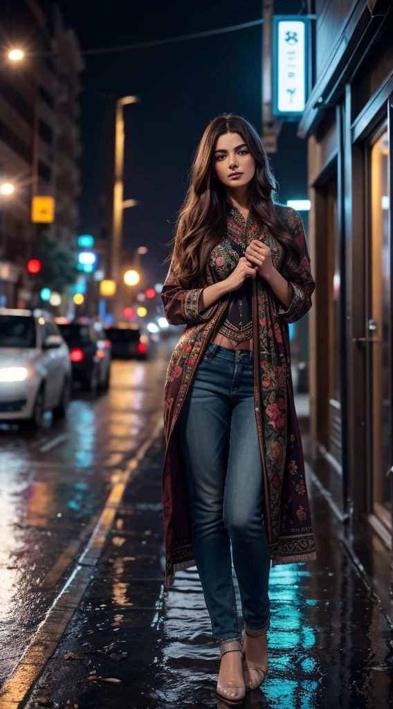 A pretty readhead turkish woman with unique face and blue eyes, very long mesy hair, windy hair, rain day, wet body, wearing bohemian style and short, floating flowers arounded, some dry leaves on the road, energic poses, city street background, night day, ambient lighting, motion blurr, realistic rays, analog film color style, sigma 24mm f1.2 lens, ultra realistic, highly detailed, 8k, full body view, high resolution image, 64 megapixel image