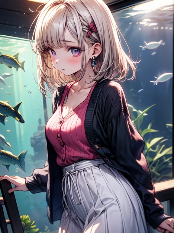 masterpiece, best quality, ultra detailed, high Resolution, detailed illustration, cel anime, (sfw), 1girl, (), cute face, detailed face, magenta eyes, cute eyes, sparkling eyes, big eyes, medium breasts, perky breasts, pointy breasts, medium hips,  glamorous body, Surprised, BREAK, long bob cut, (blonde hair:0.7), messy hair, detailed hair, BREAK,   wearing Cardigan, Ribbed knit sweater, long skirt, tiny ribbon, bag, casual style, date, aquarium, standing, looking fish in tank, fish, from side, real world, natural lights, perfect lighting,