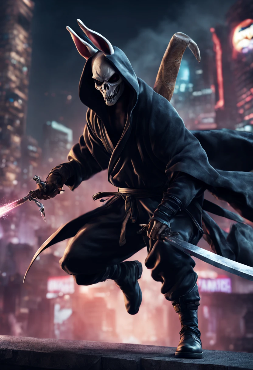 grim reaper with weapon, a ninja ,(a buff,muscular,athletic,strong) male,half (human) and half (rabbit),with (mousy blond) hair,in a (fighting) style,[intense expression, fierce gaze],[powerful kicks, precise punches, agile movements],[flexing muscles],[wearing a sleek black outfit],[dynamic pose, poised for action],[flying through the air],[leaping off a rooftop],[background of a dystopian city],[streaks of neon lights],[shadows and smoke for dramatic effect],[intense, high contrast lighting],[dramatic artwork, realistic details],[best quality,4k,8k,highres,masterpiece:1.2],ultra-detailed,(realistic,photorealistic,photo-realistic:1.37),action-packed scene.