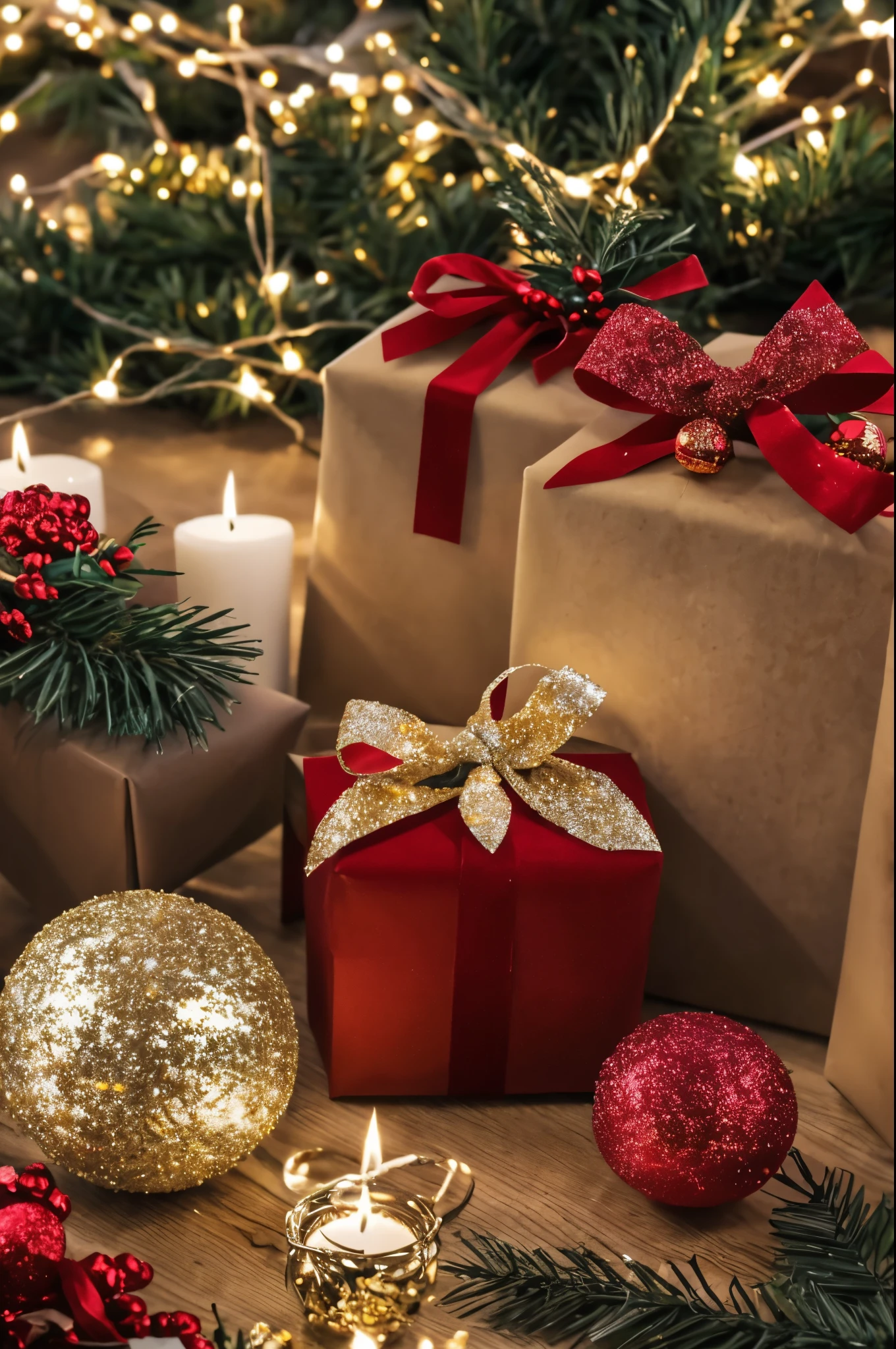 (best quality,4k,8k,highres,masterpiece:1.2),ultra-detailed,realistic,gifts,table,Christmas tree,decorations,wrapping paper,bows,ribbon,presents,holiday spirit,vibrant colors,warm lighting,cozy atmosphere,toys,cards,candles,snowflakes,joyful,celebration,exquisite details,exciting surprises,shiny ornaments,sparkling tinsel,beautifully wrapped,excited children,anticipation,festive mood,magical ambiance,delightful moment,wonderful memories,family gathering,cheerful faces,Christmas magic,extravagant,abundance of presents,HDR,UHD,studio lighting,ultra-fine painting,sharp focus,physically-based rendering,professional,vivid colors,bokeh