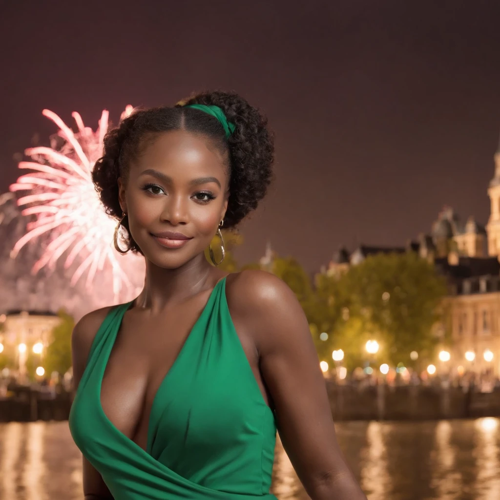 ((Dark African skin, Very deep ebony skin)), ((Its beauty undeniable)), ((Excited cute face)), ((Hyper detailed perfect eyes,)), ((pose mignonne)), ((Langue sortie)), ((Seductive )), sexy, (( classy long dark green dress, high heels)), ((Afro ponytail with long African curly hair,)), (( peau)), ((debout, vue de face)), ((toucher ses propres jambes dans une pose sexy)), ((The Hague, Sitting inside, fireworks, New Years Eve, Ville publique, friends in the background, champagne)), Sharp Focus CGI, photoreallistic, High detail, Realstic, Masterpiece, absurdes, Best quality, Hdr, High quality, high-definition, Extremely detailed, 8k wallpaper, Intricate details, 8K UHD, Full-HD, (photo realist:1.2), contraste, intense illumination, lighting cinematic, natural lighting, veilleuse, Nuit, Illumination globale, new years eve, Laughing out loud, a la piscine African women、Female sexy、fireworks, people, holding champagne, the hague