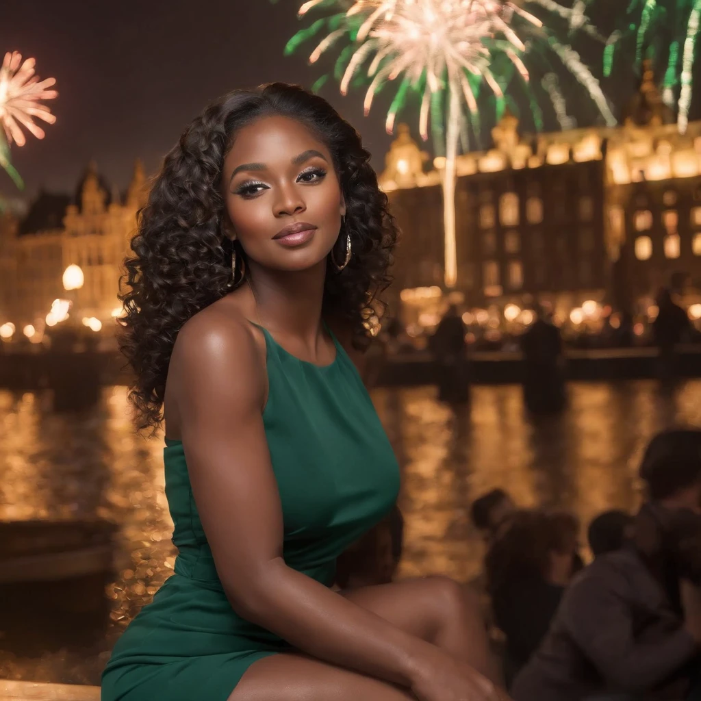 ((Dark African skin, Very deep ebony skin)), ((Its beauty undeniable)), ((Excited cute face)), ((Hyper detailed perfect eyes,)), ((pose mignonne)), ((Langue sortie)), ((Seductive )), sexy, (( classy long dark green dress, high heels)), ((Afro ponytail with long African curly hair,)), (( peau)), ((debout, vue de face)), ((toucher ses propres jambes dans une pose sexy)), ((The Hague, Sitting inside, fireworks, New Years Eve, Ville publique, friends in the background, champagne)), Sharp Focus CGI, photoreallistic, High detail, Realstic, Masterpiece, absurdes, Best quality, Hdr, High quality, high-definition, Extremely detailed, 8k wallpaper, Intricate details, 8K UHD, Full-HD, (photo realist:1.2), contraste, intense illumination, lighting cinematic, natural lighting, veilleuse, Nuit, Illumination globale, new years eve, Laughing out loud, a la piscine African women、Female sexy、fireworks, people, holding champagne, the hague