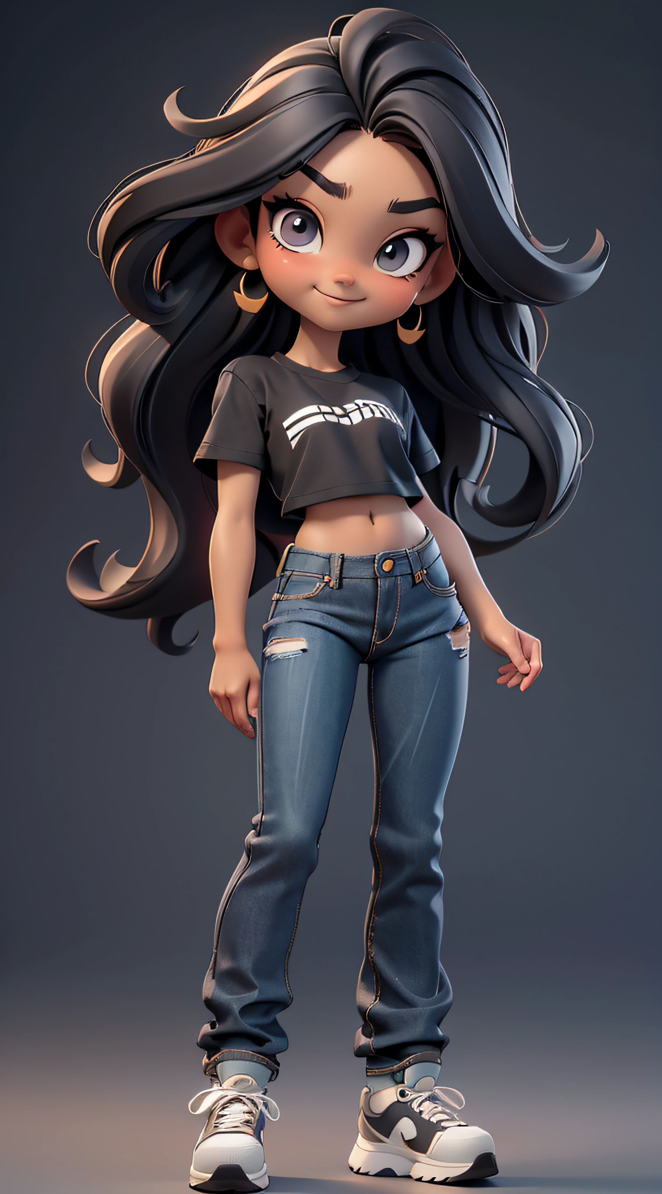 masterpiece, best quality, detailed face, detailed eyes, sharp focus, 3d render. full body, a chibi cute girl, cute smile, ((tan skin tone)), middle-part black hair, long hair, straight flow down hair, tomboy, slim body shape, black outfit, black crop top, short sleeved shirt, (((wide-bottom jean))), oversized sneakers, energic pose, (Face focus:1.3).