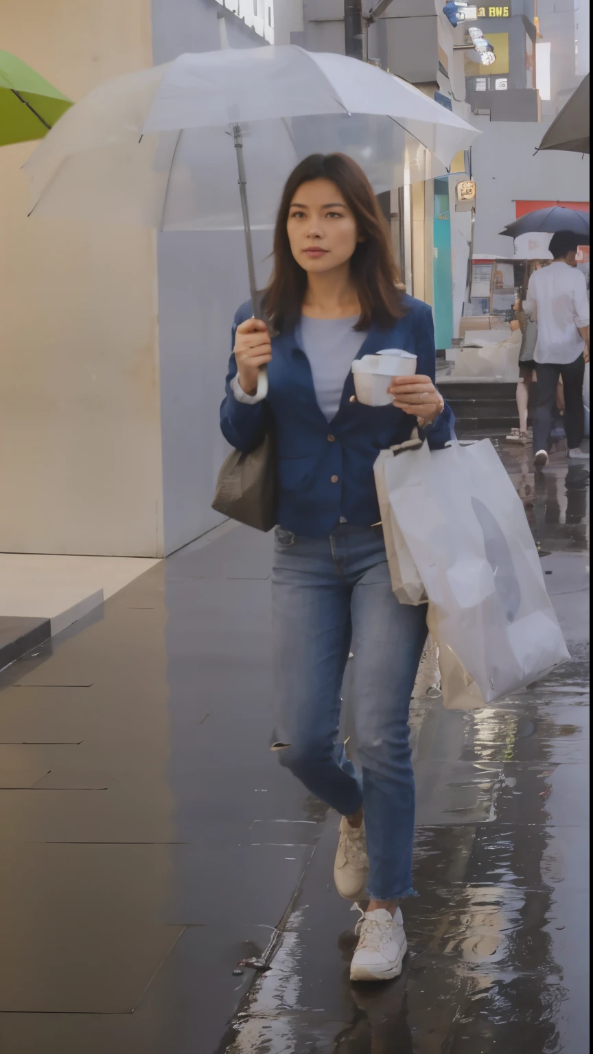Woman walking on the street with umbrella and shopping bags, k hd，ultraclear，clear photo