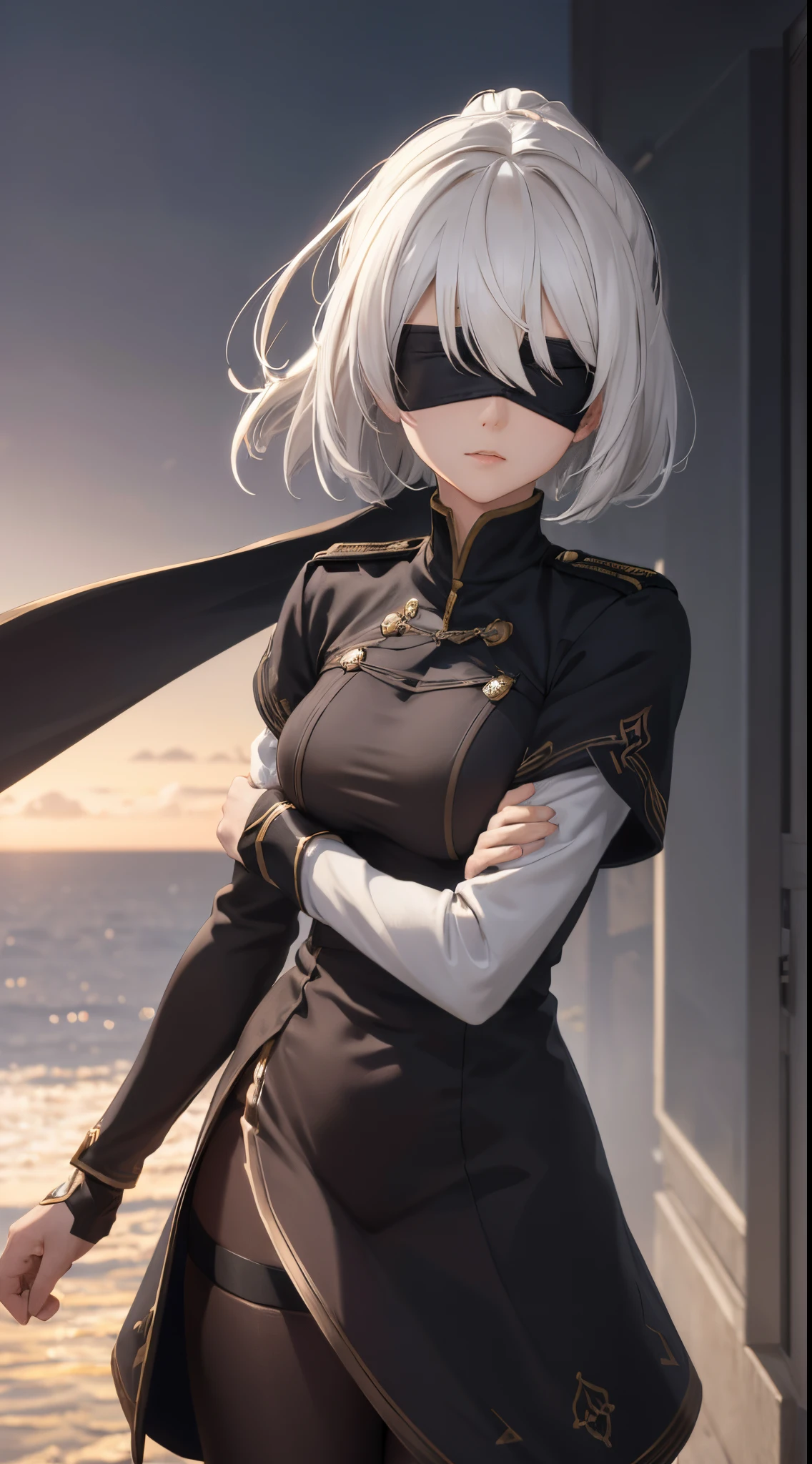 (extremely detailed CG unity 8k wallpaper), (masterpiece), (best quality), (ultra-detailed), (best illustration), (best shadow), (absurdres), 2b, 1girl, short hair, short ponytail, normal size boobs, white hair, blindfold solo, Intimidating women, admiral uniform, night, hero pose, white clothes, General Uniform, Military Uniform, Sunlight, exposed to sunlight,commander, cape, fighting, ((beautiful fantasy girl)), (Master Part: 1.2), Best Quality, High Resolution, photorealestic, photogenic, Unity 8k壁纸, perfect lighting, (perfect arms, perfect anatomy) beatiful face, intricate details, Detalhes realistas, the anime, The Perfect Girl, perfect details, Ultra HD |, 8K, Professional photo