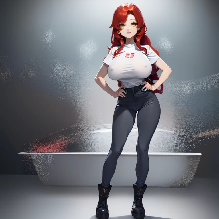 long wavy hair, vibrant fiery red hair, skinny, flirtatious curves, gigantic breasts, 2 breasts, 5'4", anime girl, no bra, erect nipples poking through shirt, standing, hand on hip, rich charcoal gray stylish keyhole sweater, form-fitting high-waisted black jeans, black ankle boots.