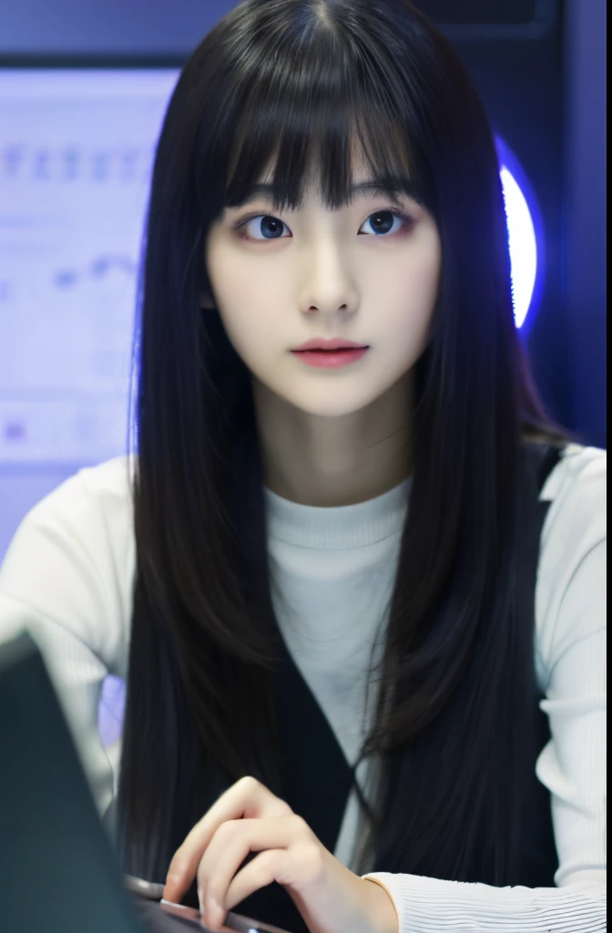 Mannequin　femele　25-years old　Pretty fair skin　Wearing long sleeves　A dark-haired　Short straight hair　elongated face　Bangs Patsun　kissing the computer