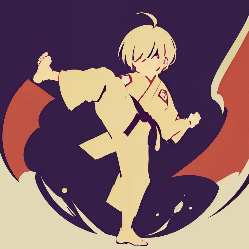 masutepiece, Best Quality, Extremely detailed, Anime, (karate boys:1.5), Solo, Full body, Ahoge, Chibi Character, Deformed, Exercising, (Upper Kick:1.5), dojo、Vivid color background、Detailed limb depiction、(white karate uniform)