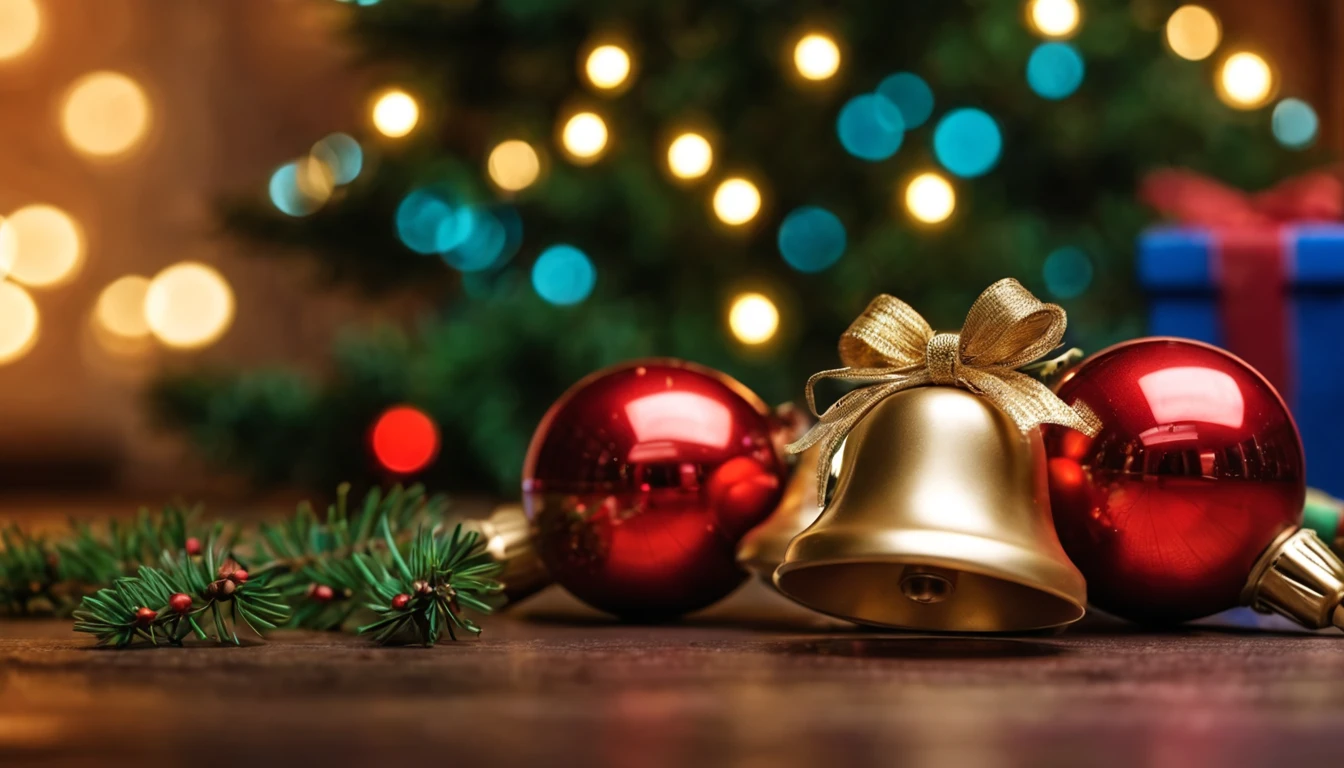 Breathtaking cinematic photo of a real Hyperrealistic christmas still life, ((close-up photo)), small Christmas bells decorated with mistletoe and pine with golden Christmas tree balls, in the background multicolored led lights in (red, blue, green, yellow)colors, bokeh, soft blur, extremely high-resolution details, photorealism, realistic lifelike textures, masterpiece, best quality, sharp focus, photorealism, photorealistic, 8k, volumetric light, (intricate details),  hdr, high detailed, high quality, soft cinematic light, dramatic atmosphere, atmospheric perspective, ultra realistic, neutral colors, cinematic lighting, wide angle, film grain, dslr, raw photo,