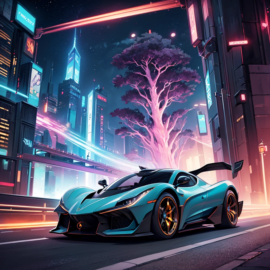 ((Best Quality)), ((Masterpiece)), (Detail: 1.4), Intricate details, Cinematic lighting, Sharp focus, (Futuristic hypercar speeding on the road, Futuristic City), Cyberpunk ambience, Night, A ringed planet in the sky,