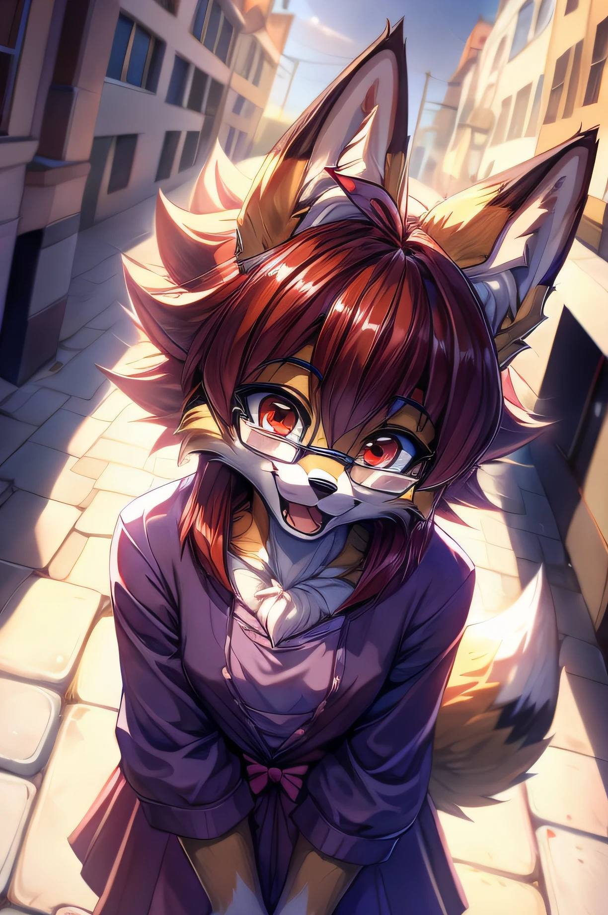 fox furry girl with short red hair, fluffy hair shy, beautiful red eyes, wearing glasses,  very  fluffy tail, small chest, bow in hair, ************, happy , happy mouth, young body, Good girl, wearing a cute purple modest cute outfit, leaning over, walking in the streets, being adorable, proud girl, wanting to be loved, side perspective