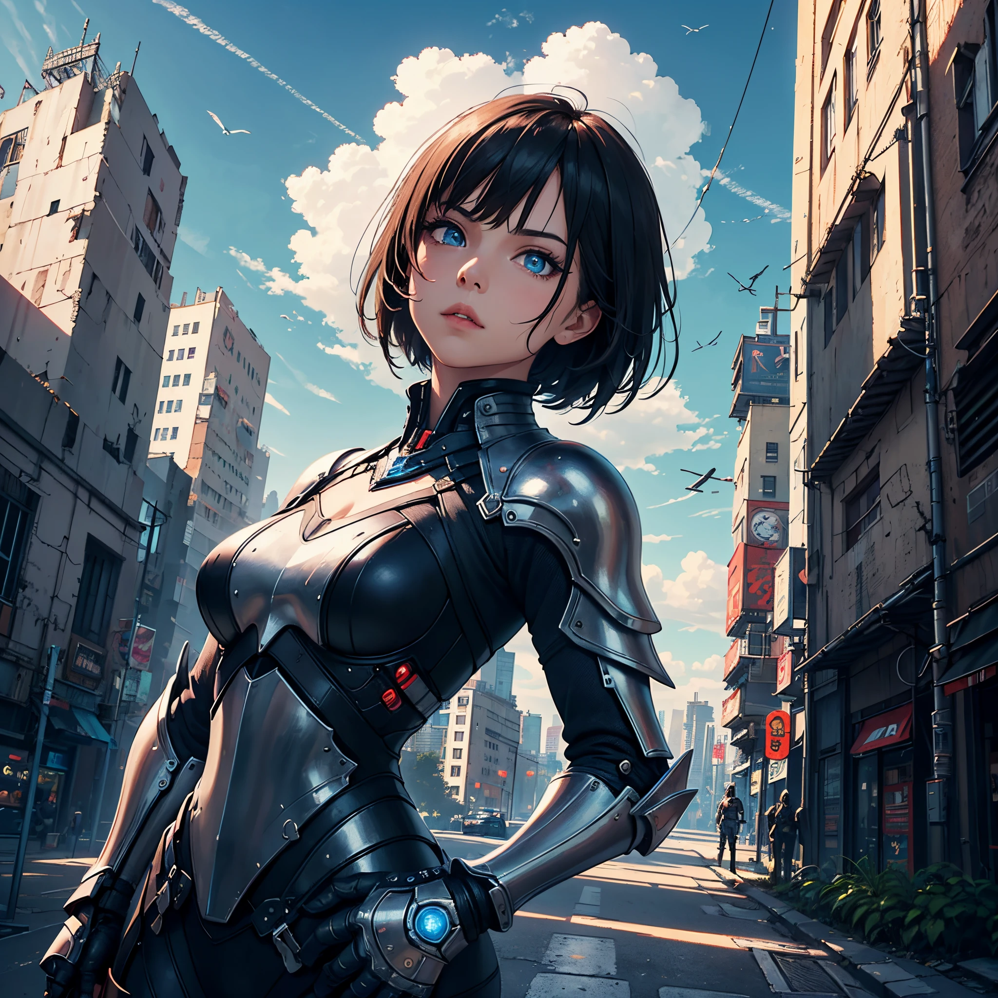1 girl, serene expression, mesmerizing blue eyes, short hair (masterpiece, highly detailed) futuristic knight armour, blue heavy armour, cannon on right shoulder, (highly detailed, high quality, masterpiece) futuristic sword in left hand, floating in air, looking at viewer, menacing look, cyberpunk city in background
