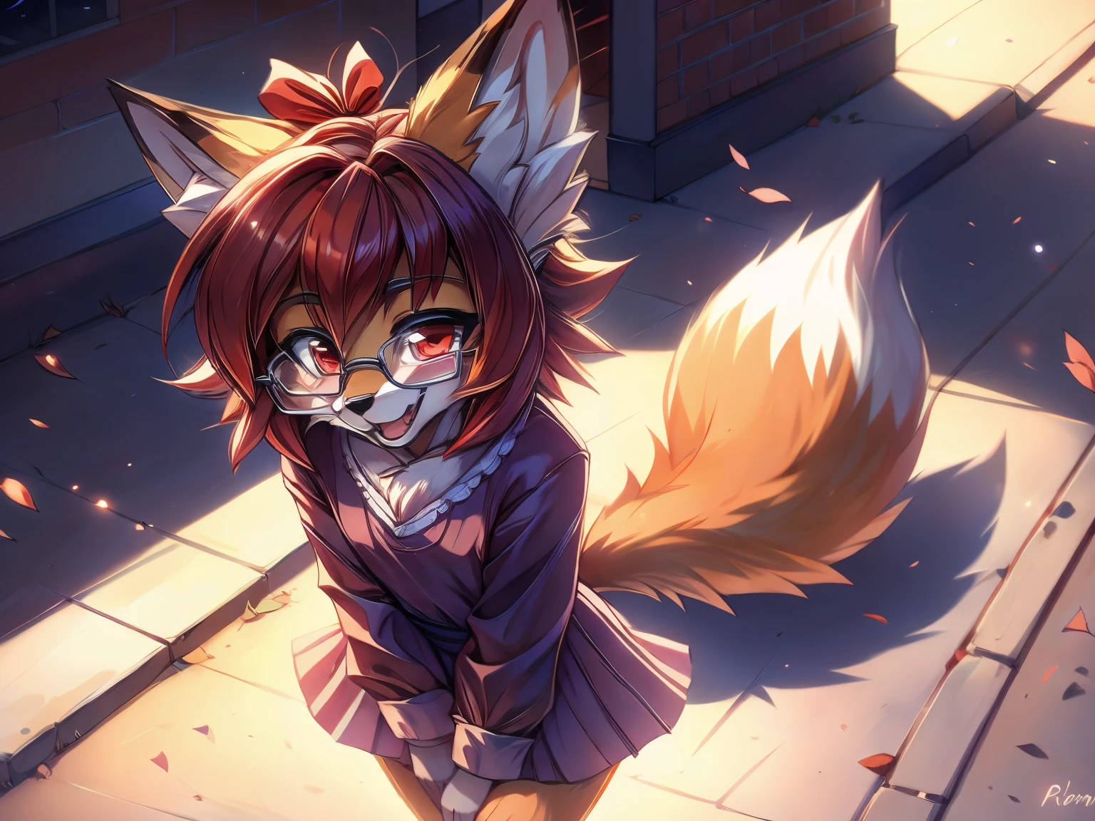 fox furry girl with short red hair, fluffy hair shy, beautiful red eyes, wearing glasses, very fluffy tail, small chest, bow in hair, 17 years old, happy , happy mouth, young body, Good girl, wearing a cute purple modest cute outfit, leaning over, walking in the streets, being adorable, proud girl, wanting to be loved, side perspective