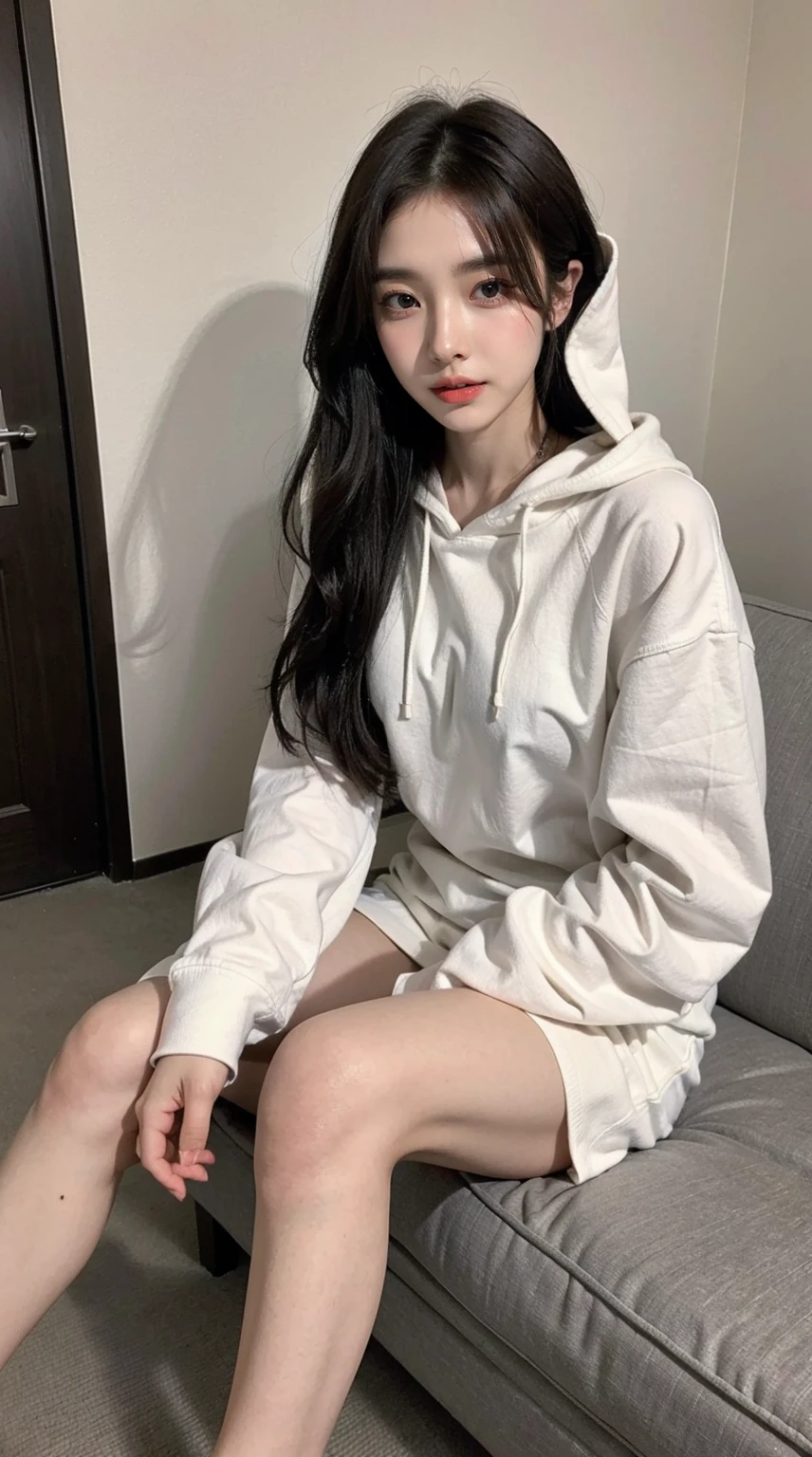 absurdres, RAW photo, extremely delicate and beautiful, masterpiece, Best Quality, ultra high resolution, 32k, hyperrealistic, ultra-detailed, delicate facial features, beautiful detailed woman, tearful mole, earring, medium breasts, full body shot, medium hair, black hair, wavy hair, collared dress shirt, hoodie, skirt,